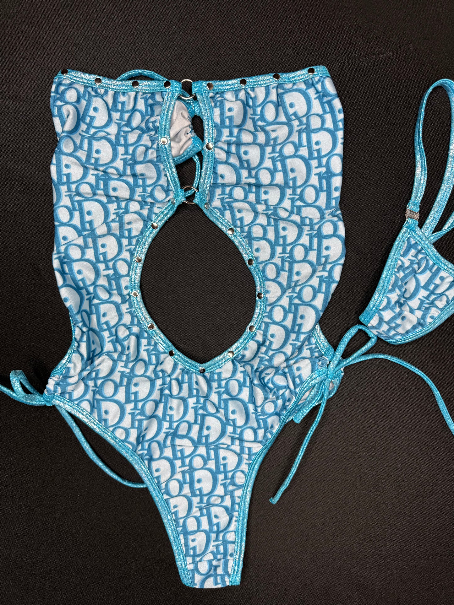 Designer Baby Blue/Metallic Baby Blue Spandex One-Piece Lingerie Outfit