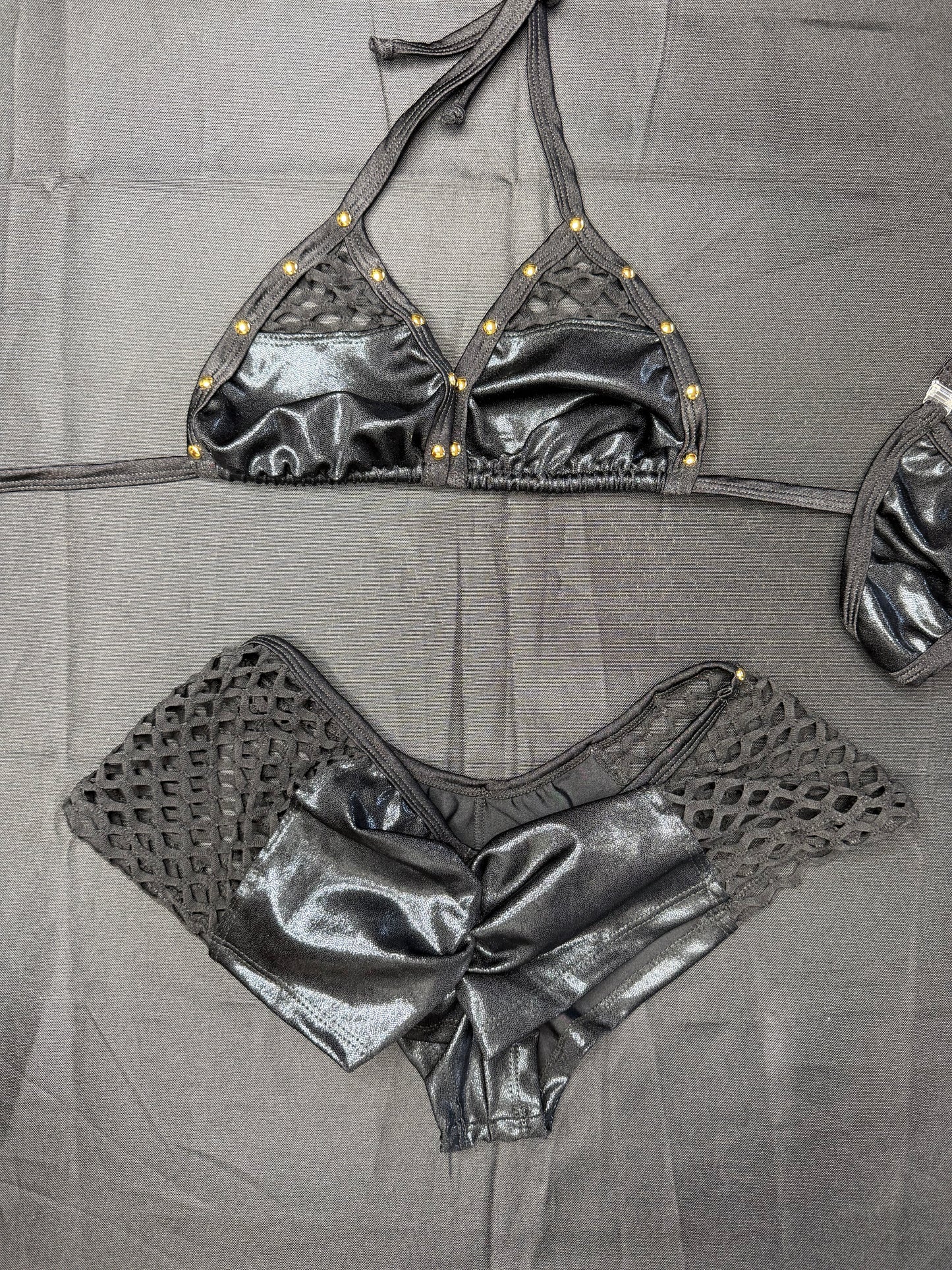 Black/Metallic Black Spandex Two-Piece Shorts Lingerie Outfit