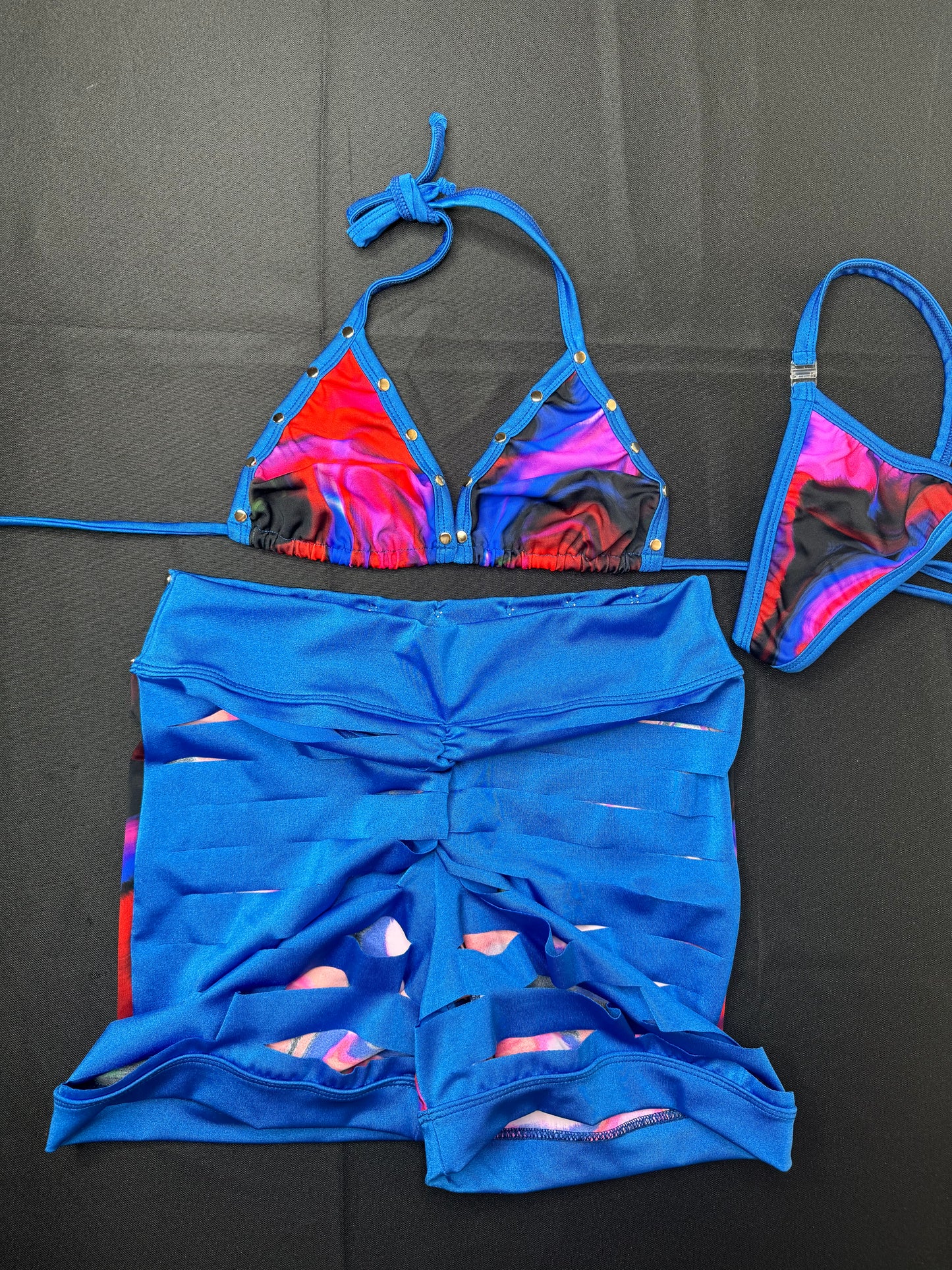 Red/Black & Blue Wave Two-Piece Ripped Shorts Two-Piece Exotic Dancer Outfit