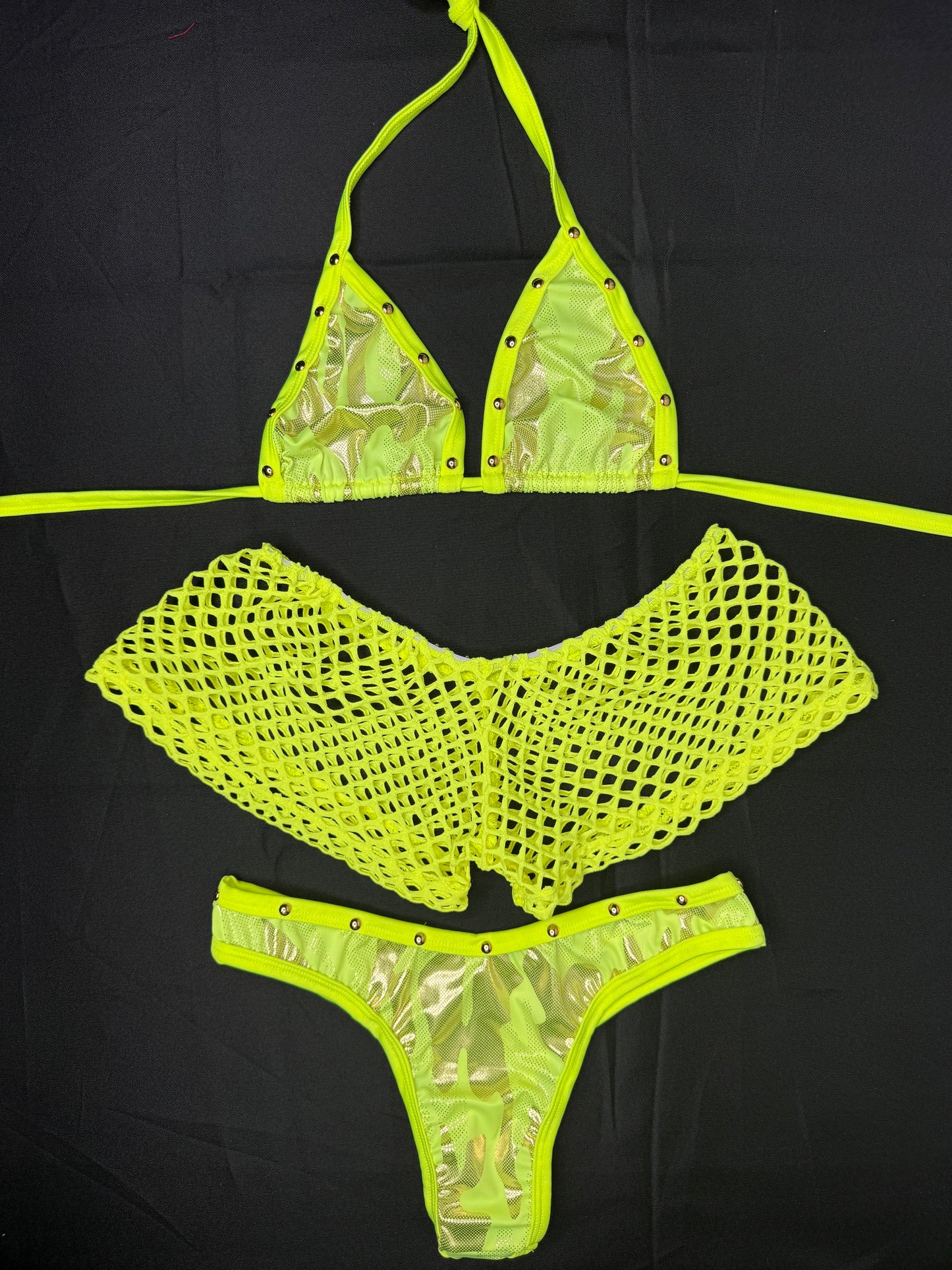 Neon Yellow Spandex Shorts/Cheeky Thong Three-Piece Lingerie Outfit