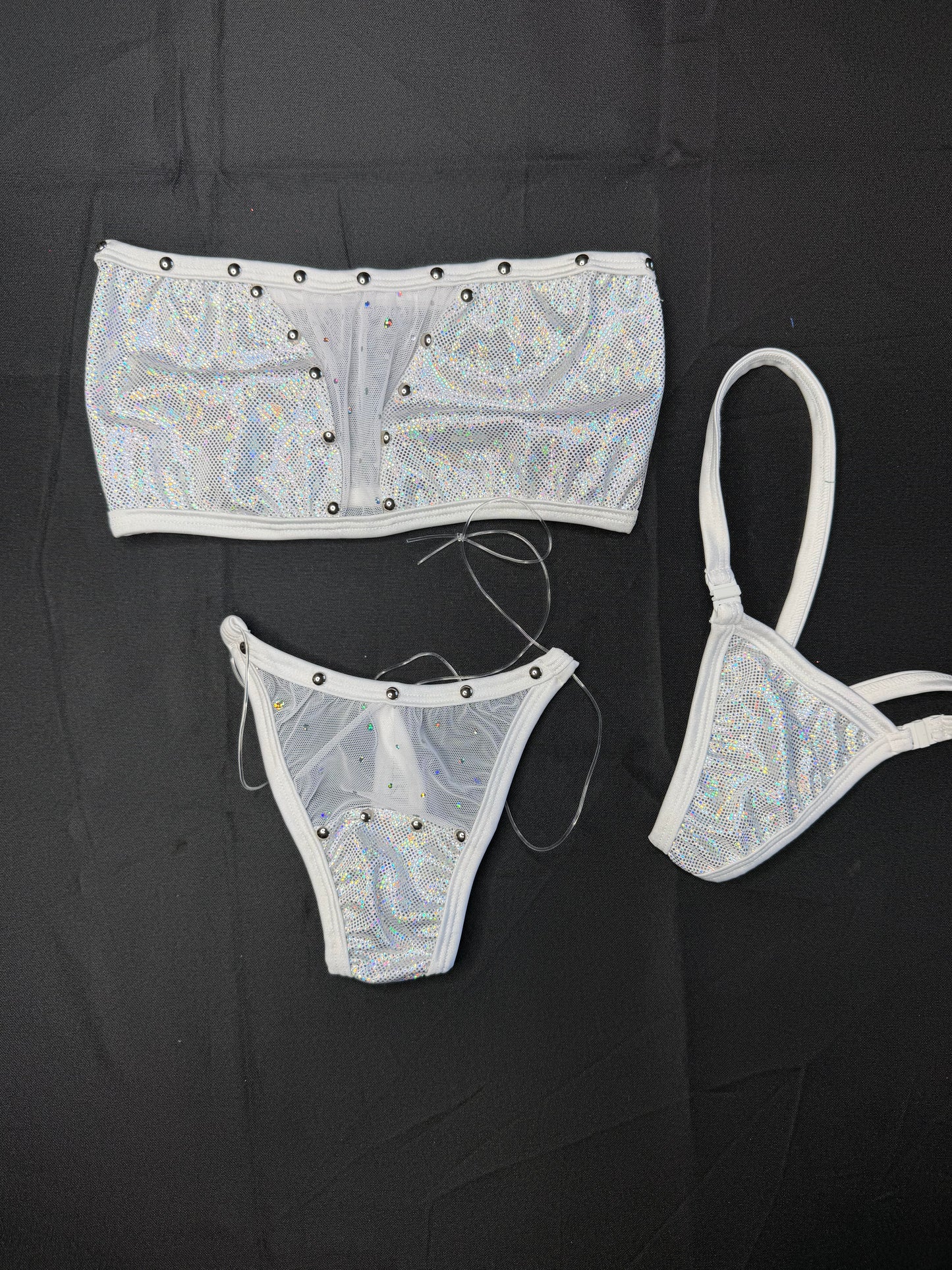 Metallic White Spandex/Mesh Tube-Top/Bikini Bottom Two-Piece Lingerie Outfit
