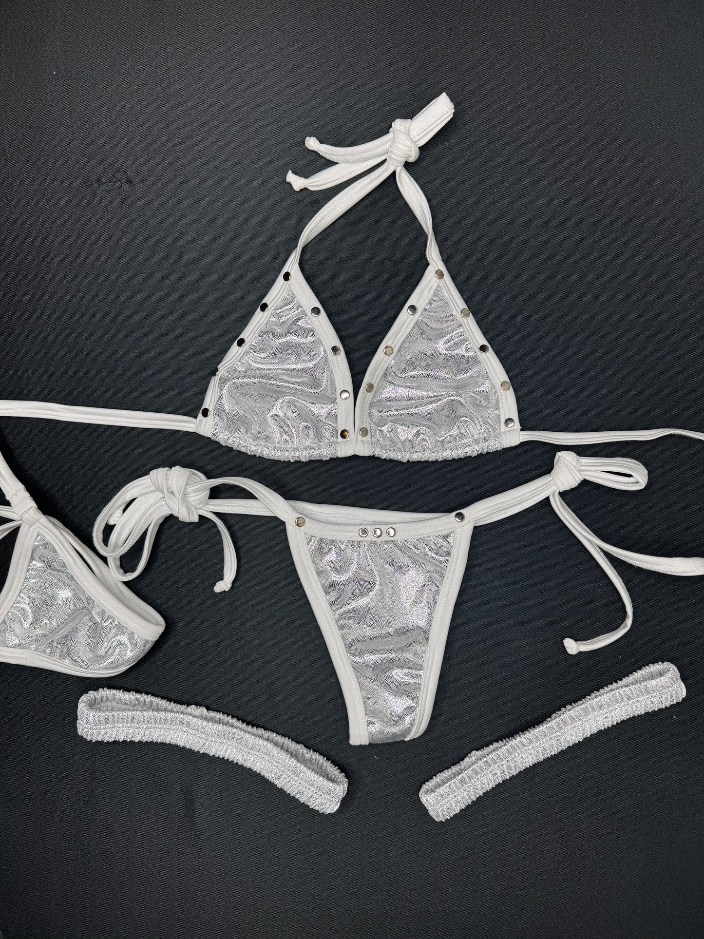 Chrome/White Spandex Three-Piece Bikini/Garters Lingerie Outfit