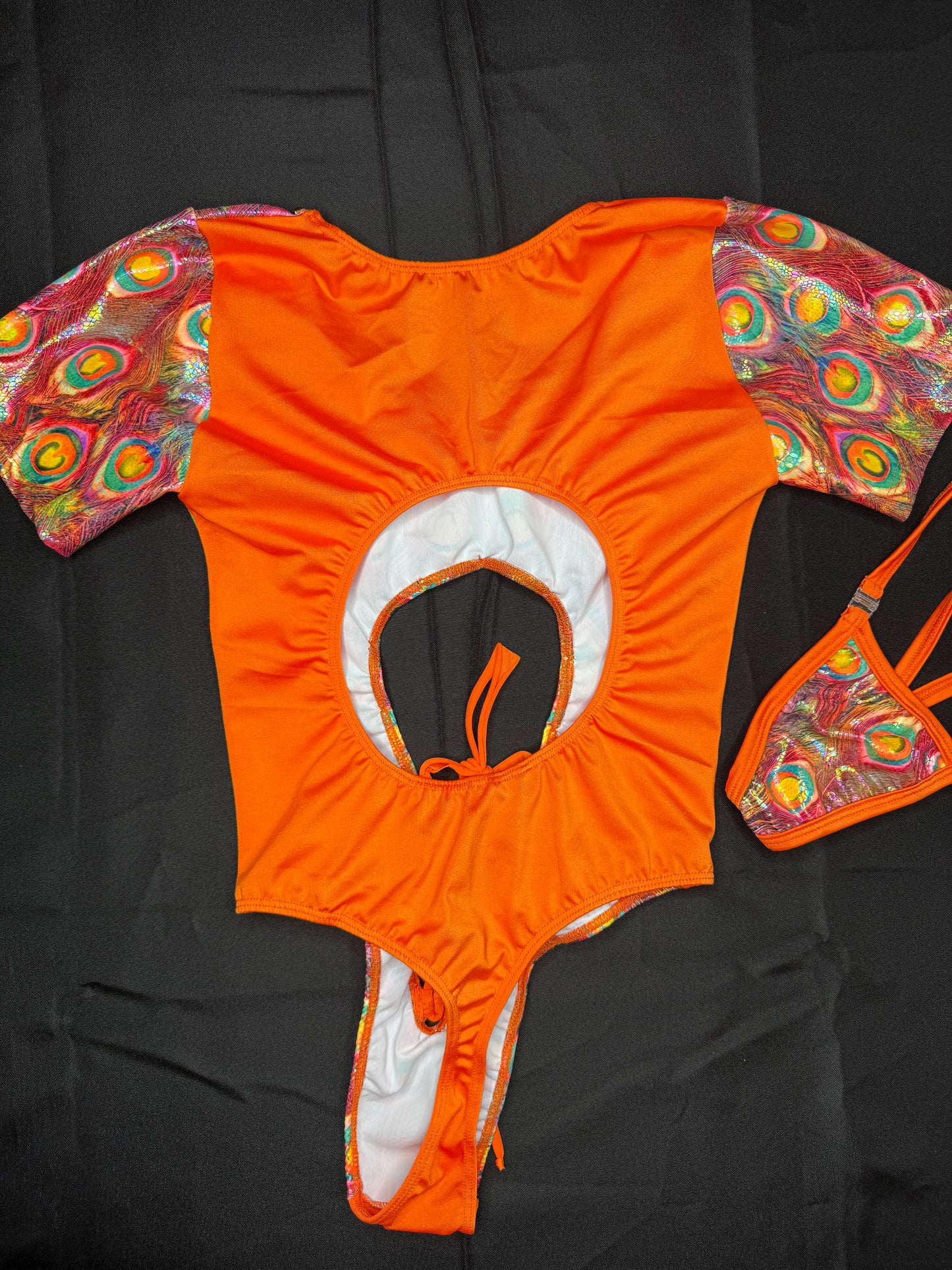 Peacock Animal Print/Orange Spandex Short Sleeve Leotard Lingerie Outfit