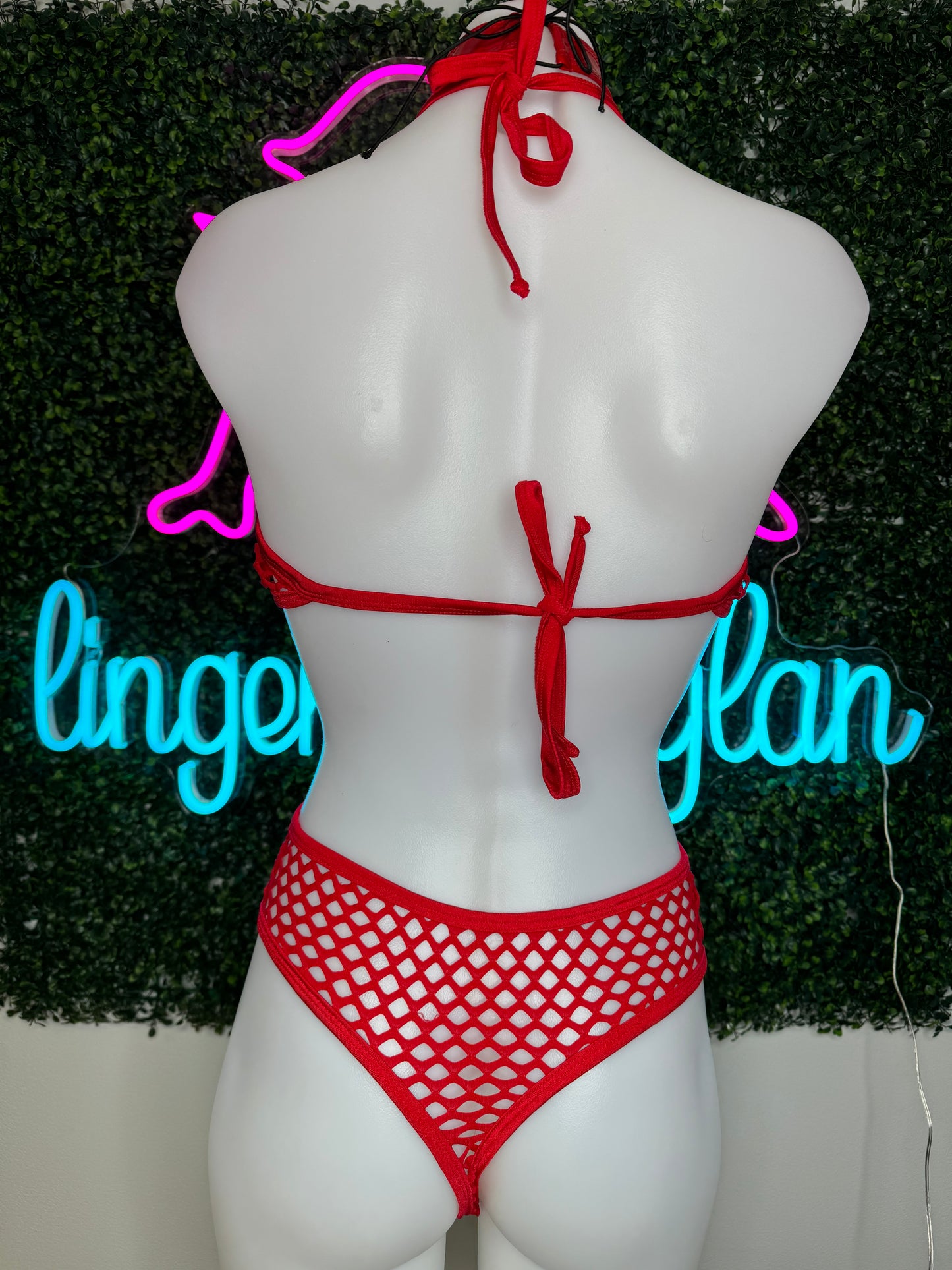 Red Latex/Fishnet One-Piece Outfit