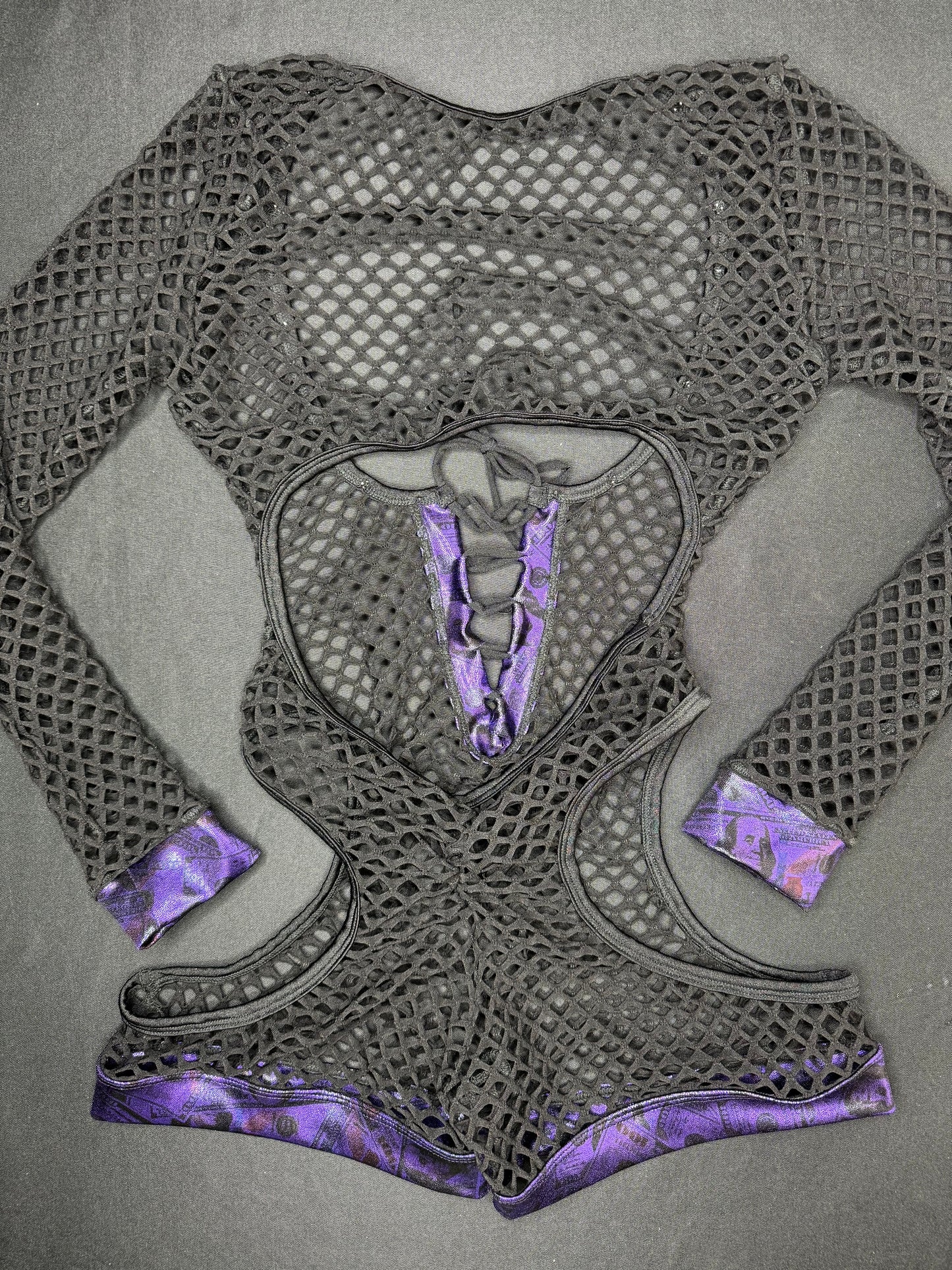 Holographic Purple Money Print/Black Fishnet One-Piece Bartender Romper Lingerie Outfit