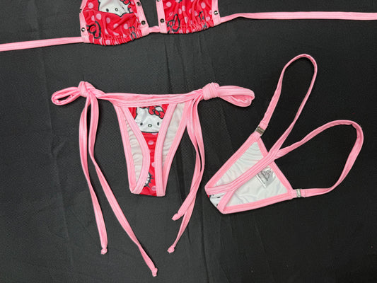 Red/Baby Pink Kitty Print Spandex Bikini Top/Side Tie Thong Two-Piece Lingerie Outfit