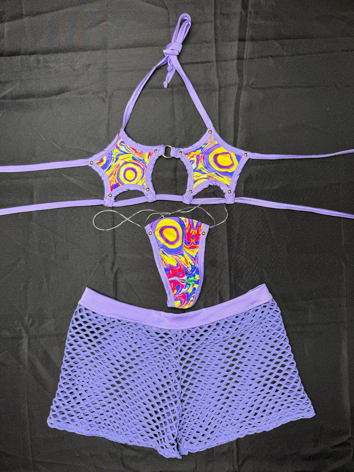 Multi Color/Lavender Spandex Star-Top Spandex Two-Piece Shorts Lingerie Outfit