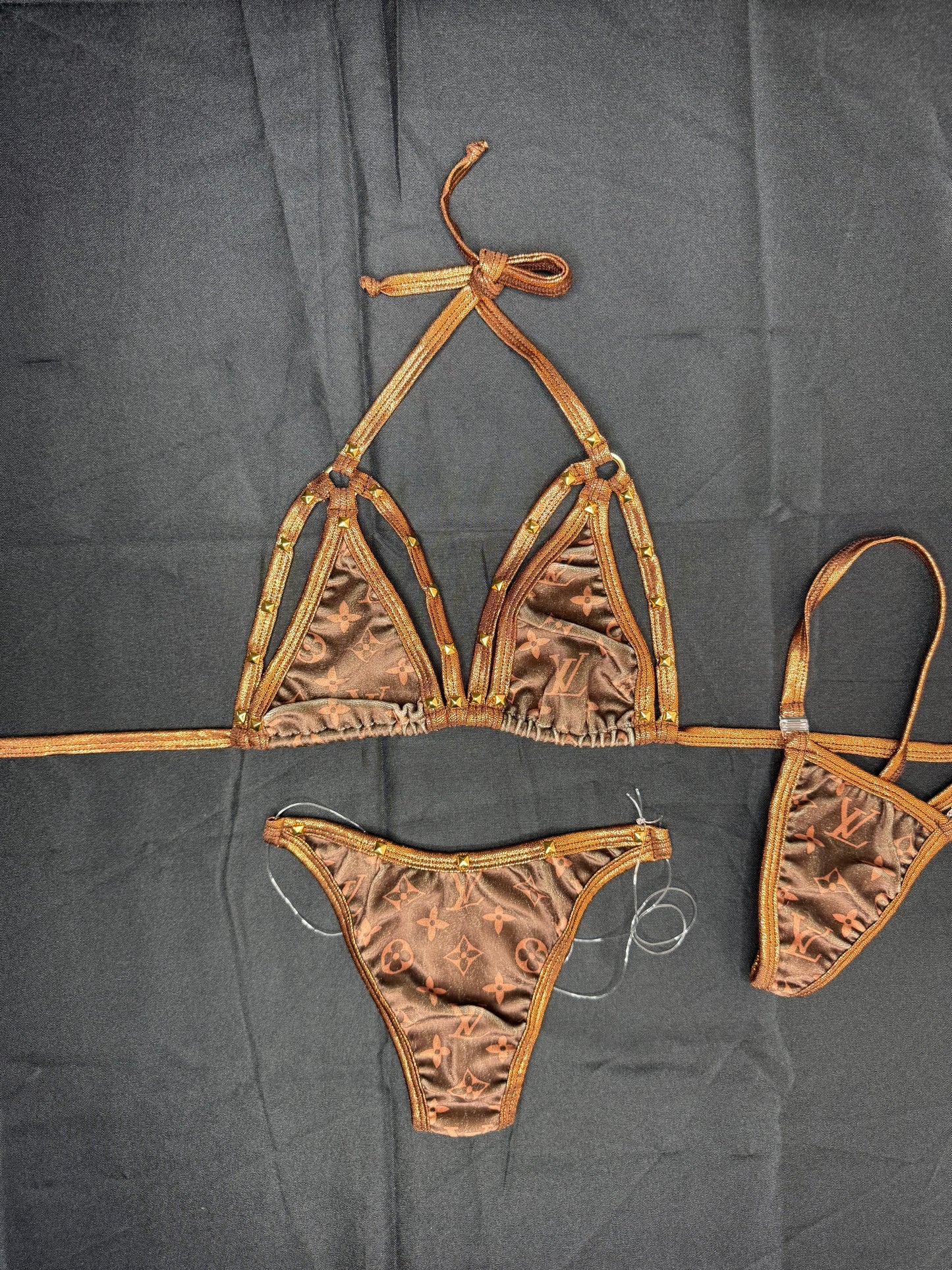 Brown Designer Velvet/Spandex Two-Piece Bikini Lingerie Outfit