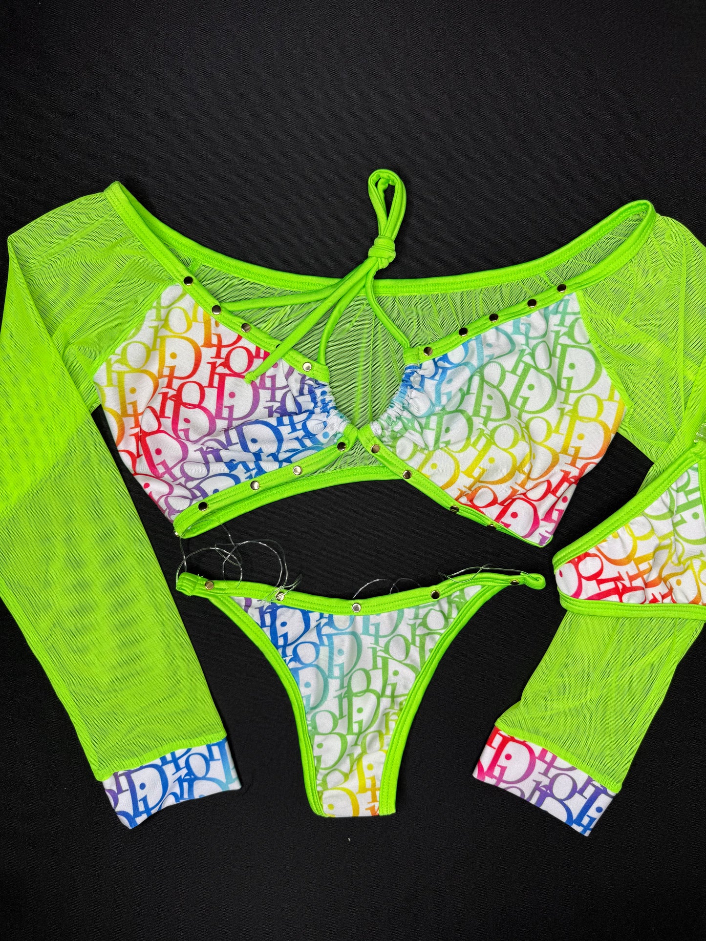 Neon Yellow Mesh/Rainbow Designer Long Sleeve Top/Bikini Bottoms Two-Piece Lingerie Outfit