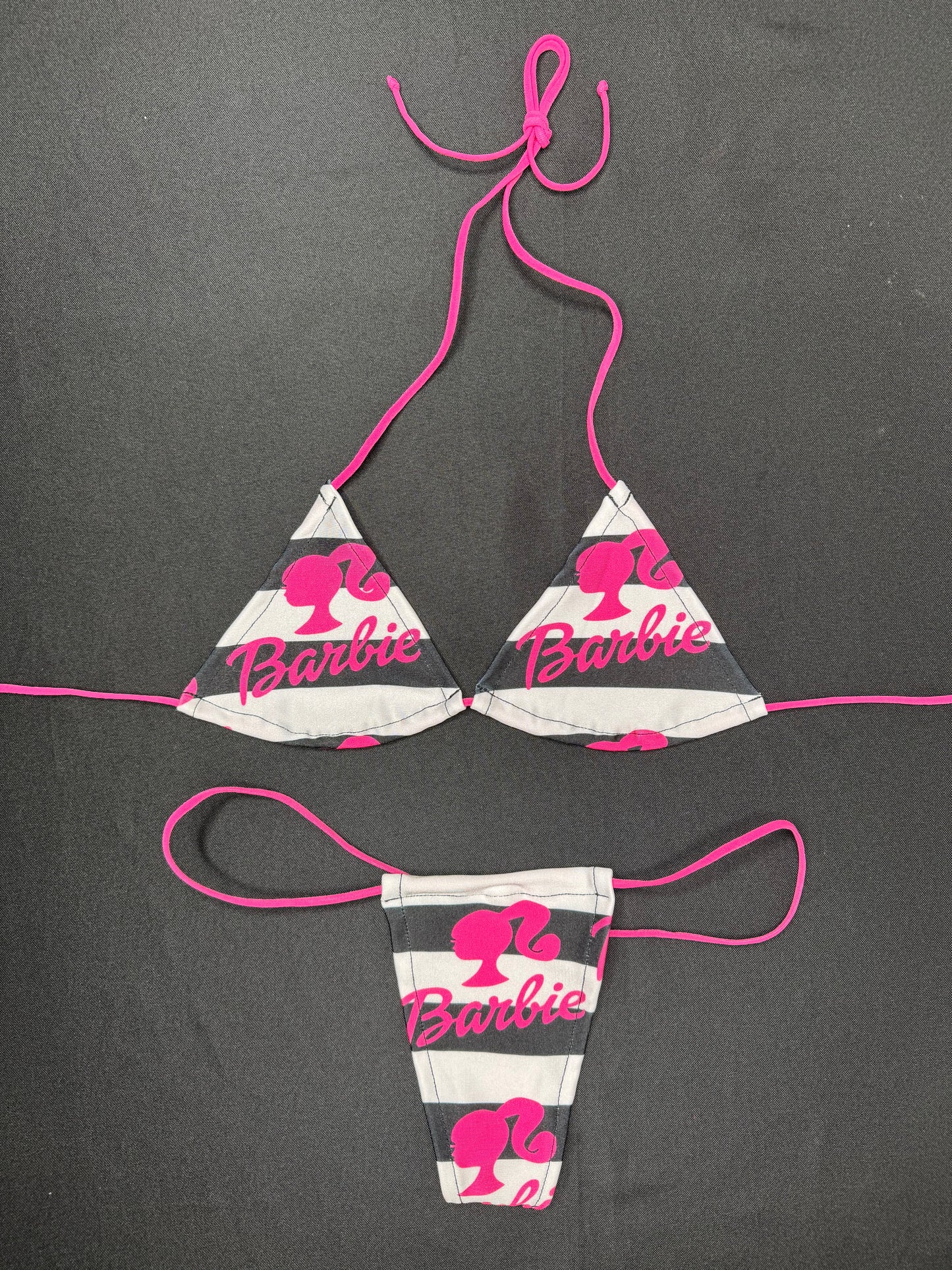 Pink/White/Black Designer Two-Piece Micro Bikini Lingerie Outfit