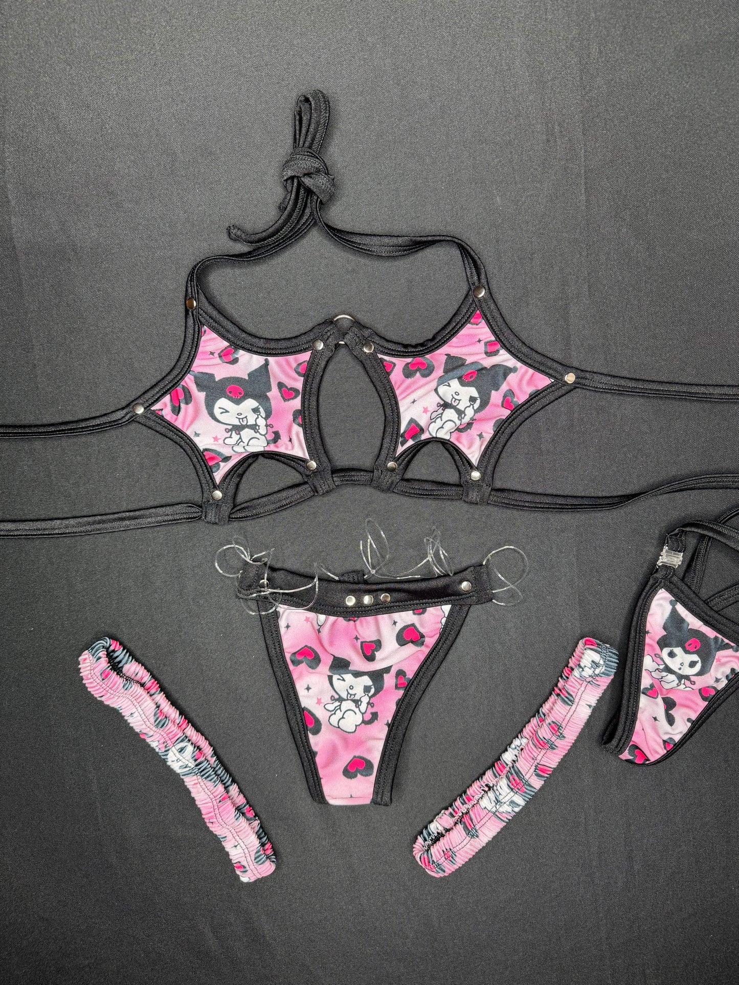 Black/Pink Star Bikini Top Three-Piece Bikini Lingerie Outfit