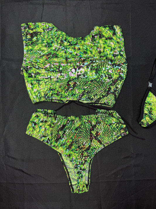 Green Snake Skin Animal Print Spandex One-Piece Lingerie Outfit