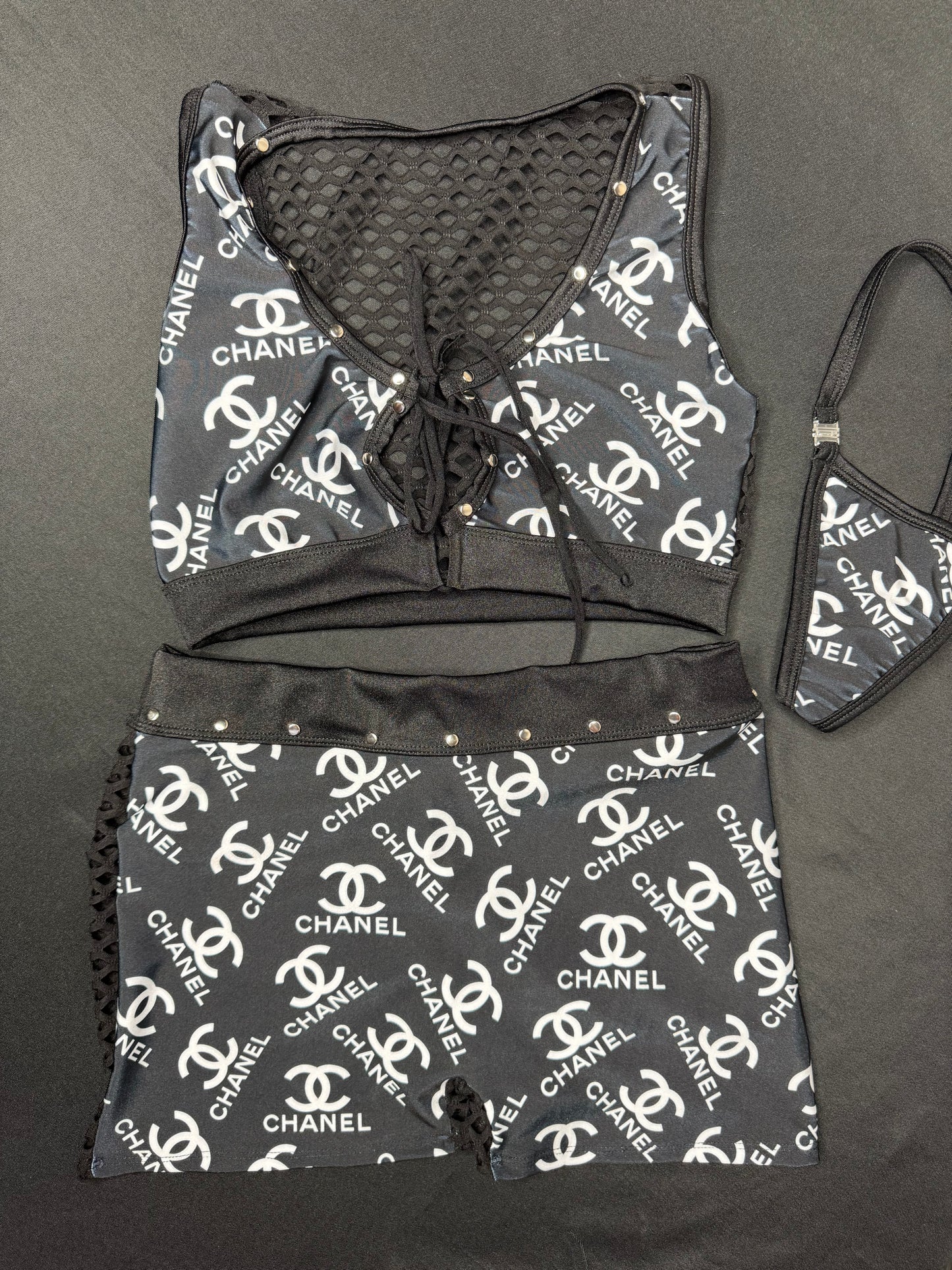 Black Designer Sports Bra/Fishnet Spandex Shorts Two-Piece Lingerie Outfit