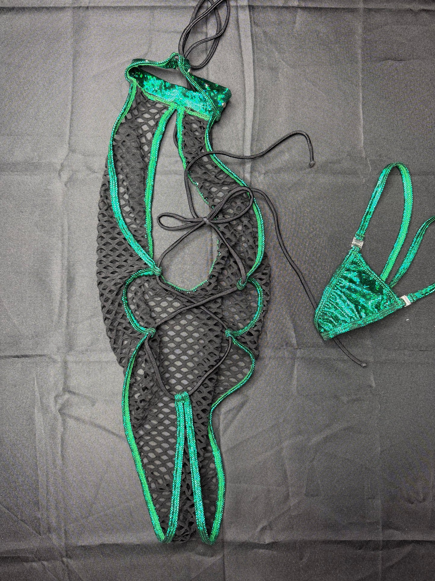 Metallic Green Spandex/Black Fishnet One-Piece Lingerie Outfit