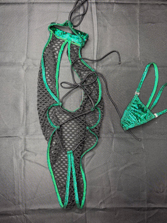 Metallic Green Spandex/Black Fishnet One-Piece Lingerie Outfit