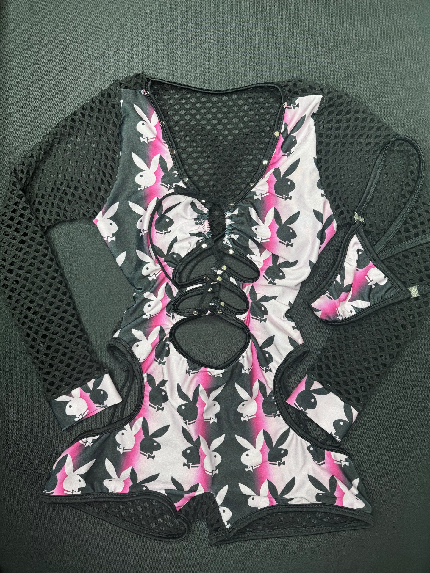 Black Fishnet/Bunny Print Spandex One-Piece Romper Lingerie Outfit