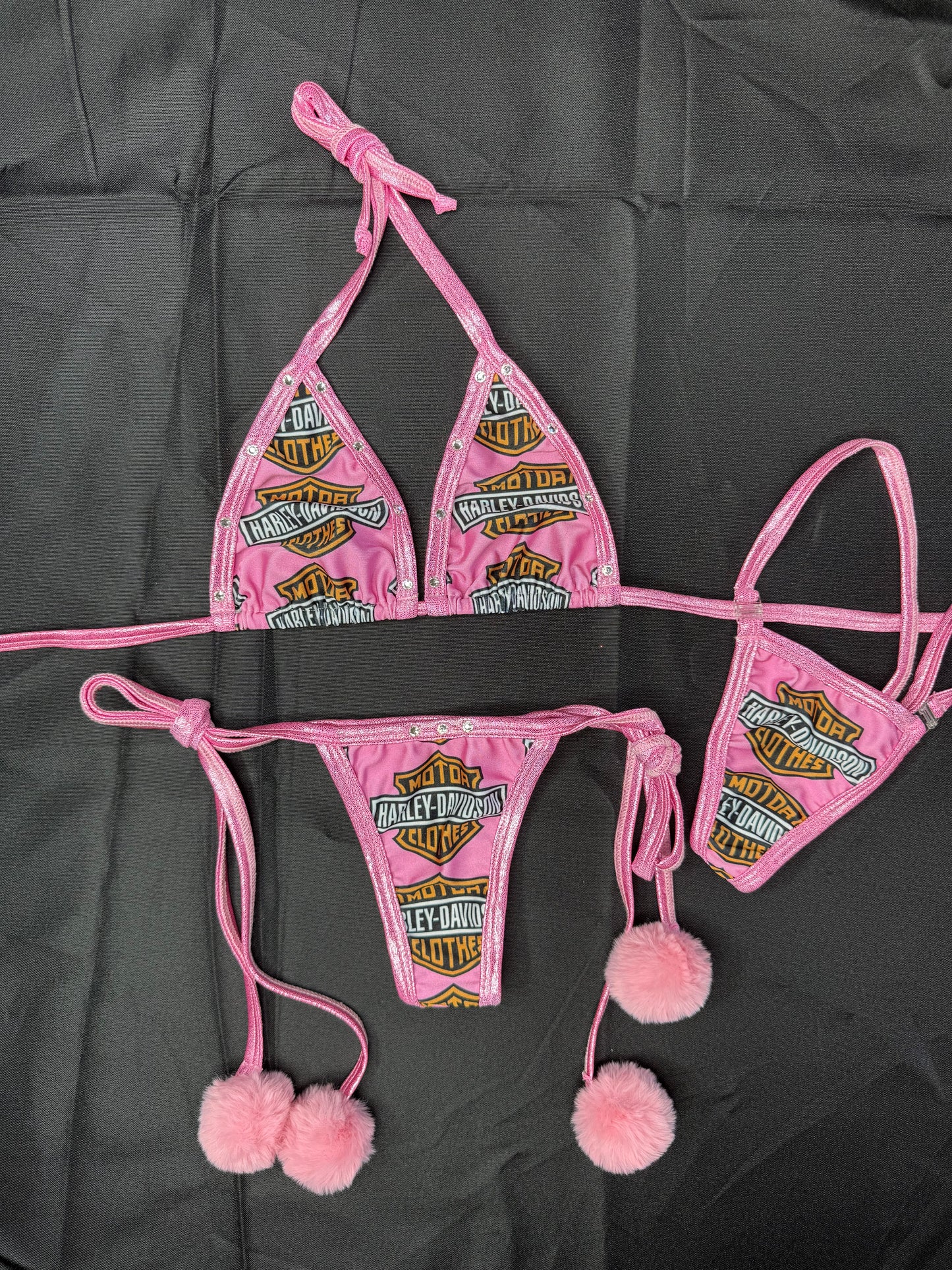 Pink Harley Spandex Fur Ball Side-Tie Bikini Two-Piece Lingerie Outfit