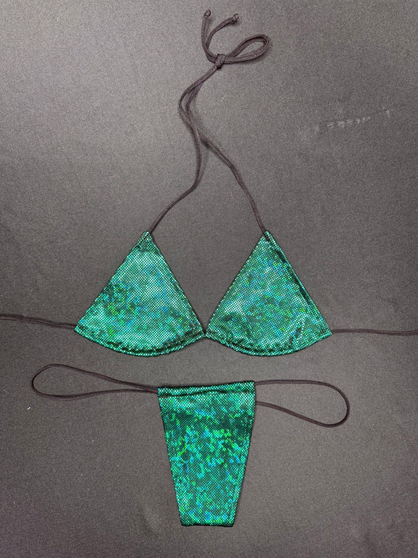 Metallic Green Spandex Two-Piece Micro Bikini Lingerie Outfit