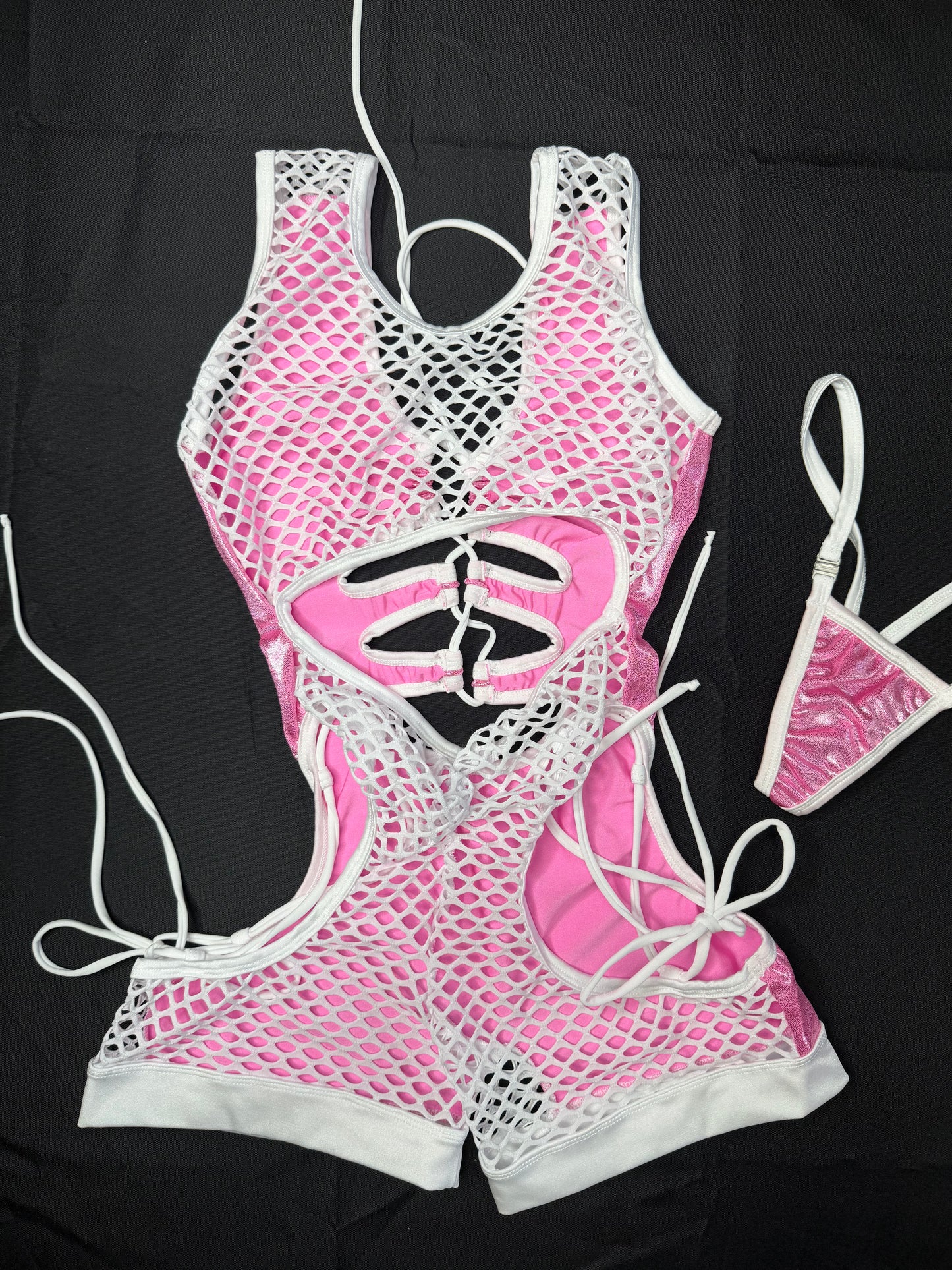 Metallic Baby Pink Spandex/White Fishnet Romper Lingerie Outfit
