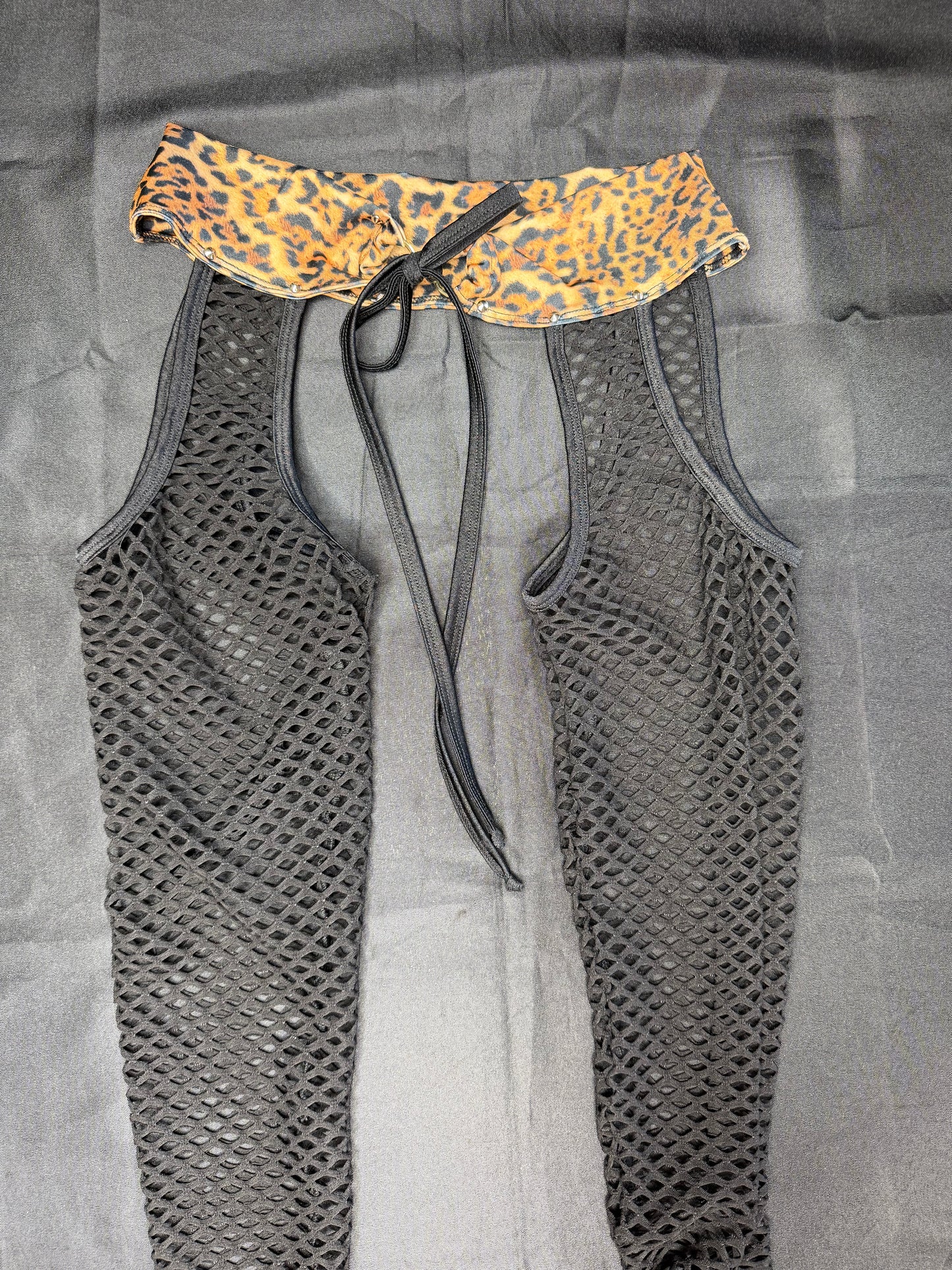 Cheetah Animal Print/Black Fishnet Spandex Chaps Leg Outfit/Cheeky Thong/Top Lingerie Outfit