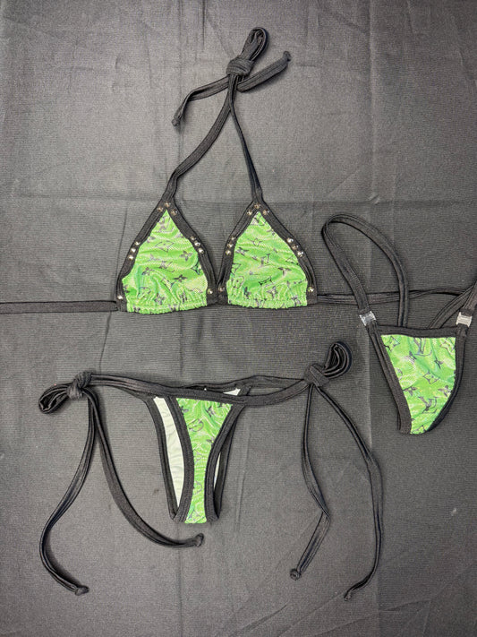 Designer Metallic Green Side-Tie Bikini Lingerie Outfit