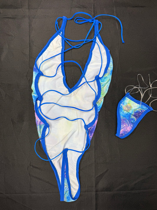 Blue/Multi Color Spandex One-Piece Lingerie Outfit
