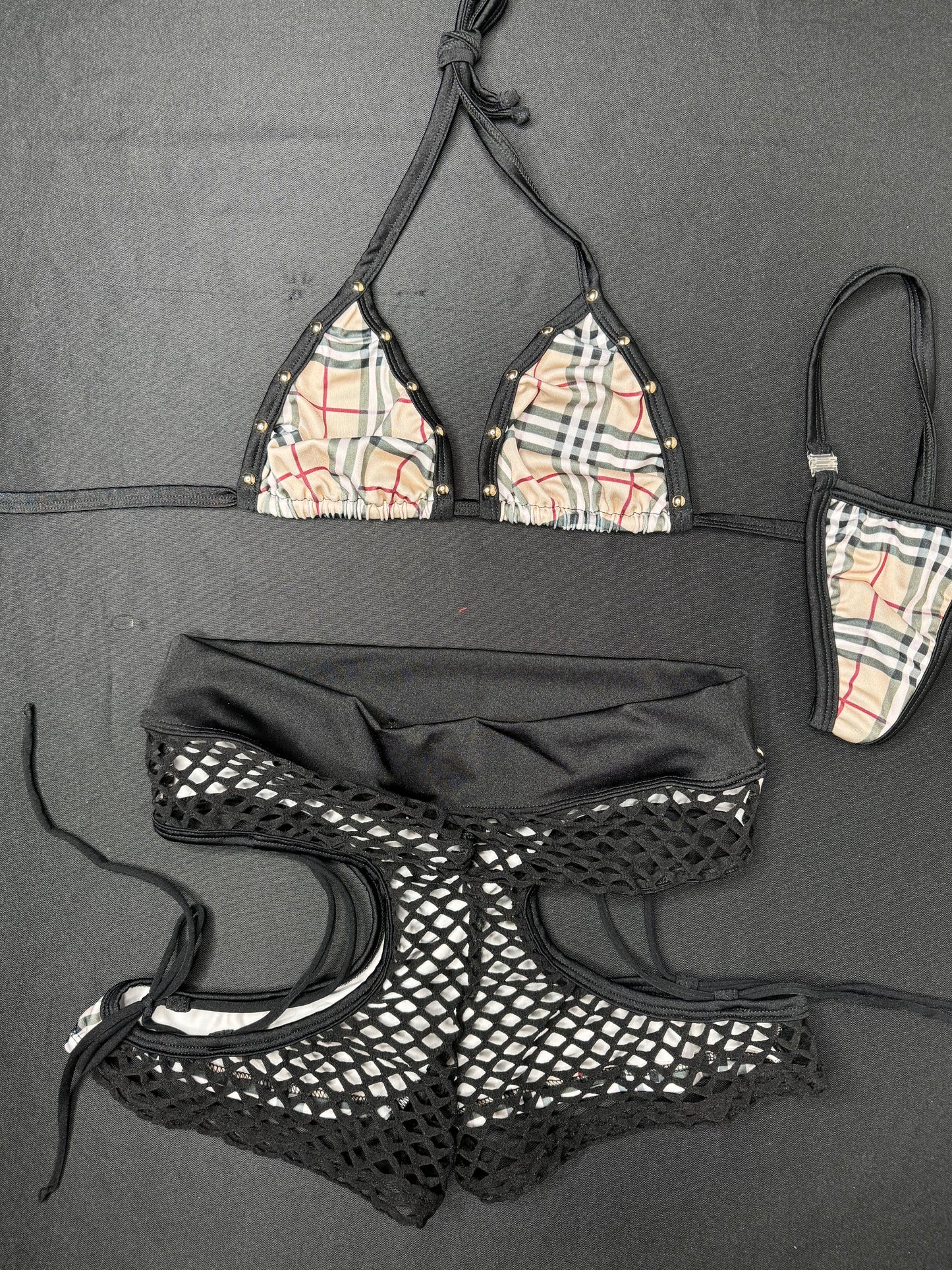 Plaid Designer/Black Bikini Top/Shorts Two-Piece Lingerie Outfit