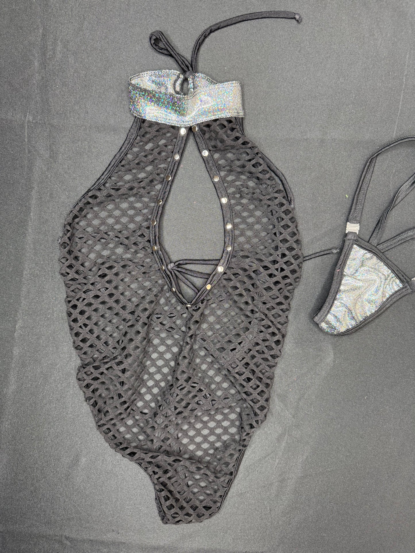 Metallic Black/Black Fishnet One-Piece Lingerie Outfit