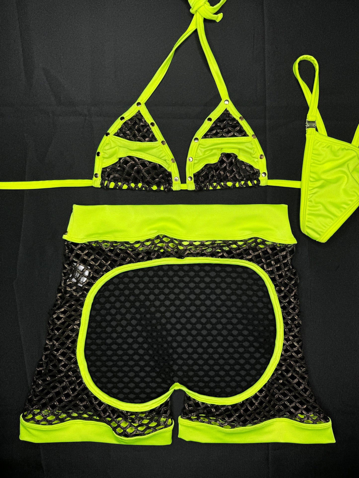 Gold/Black Fishnet/Neon Yellow Two-Piece Chaps Lingerie Outfit