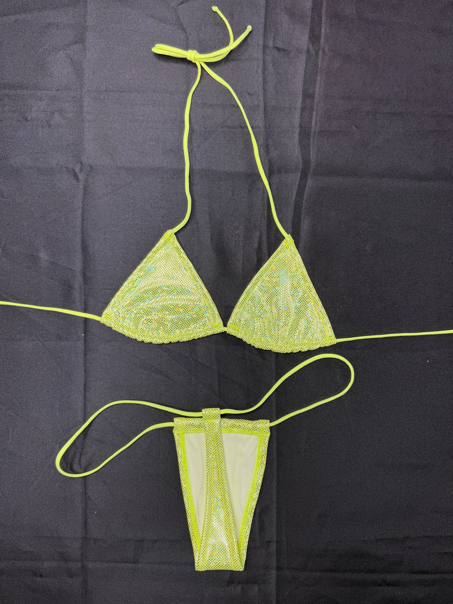 Metallic Yellow Spandex Two-Piece Micro Bikini Lingerie Outfit