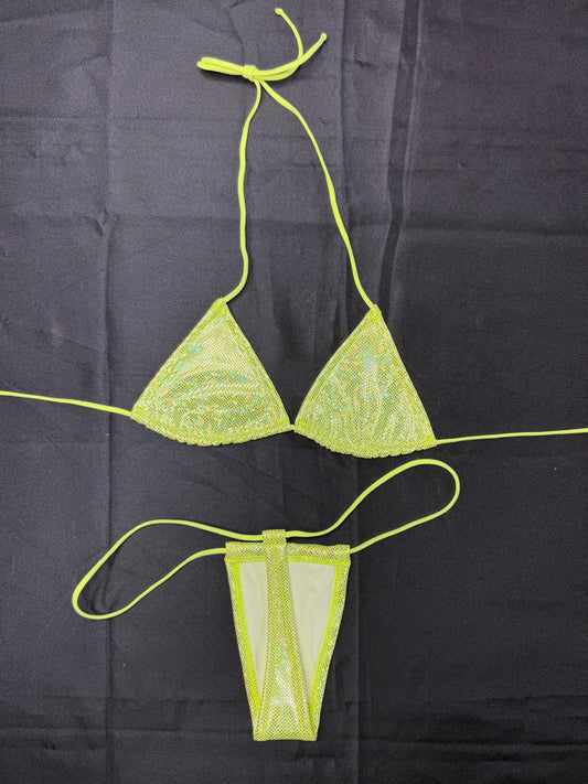 Metallic Yellow Spandex Two-Piece Micro Bikini Lingerie Outfit