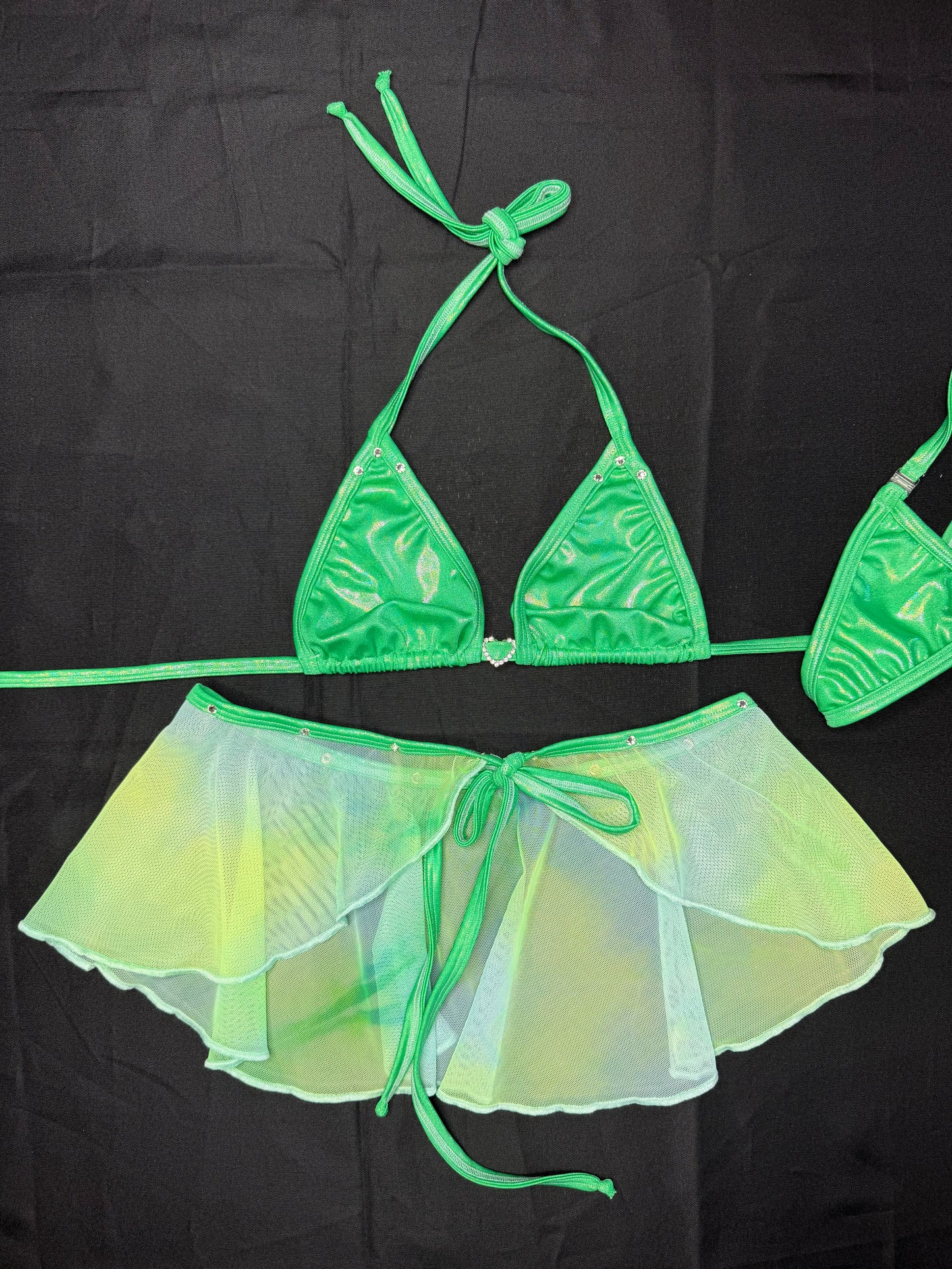 Green Spandex/Green Ombre Mesh Two-Piece Skirt Lingerie Outfit