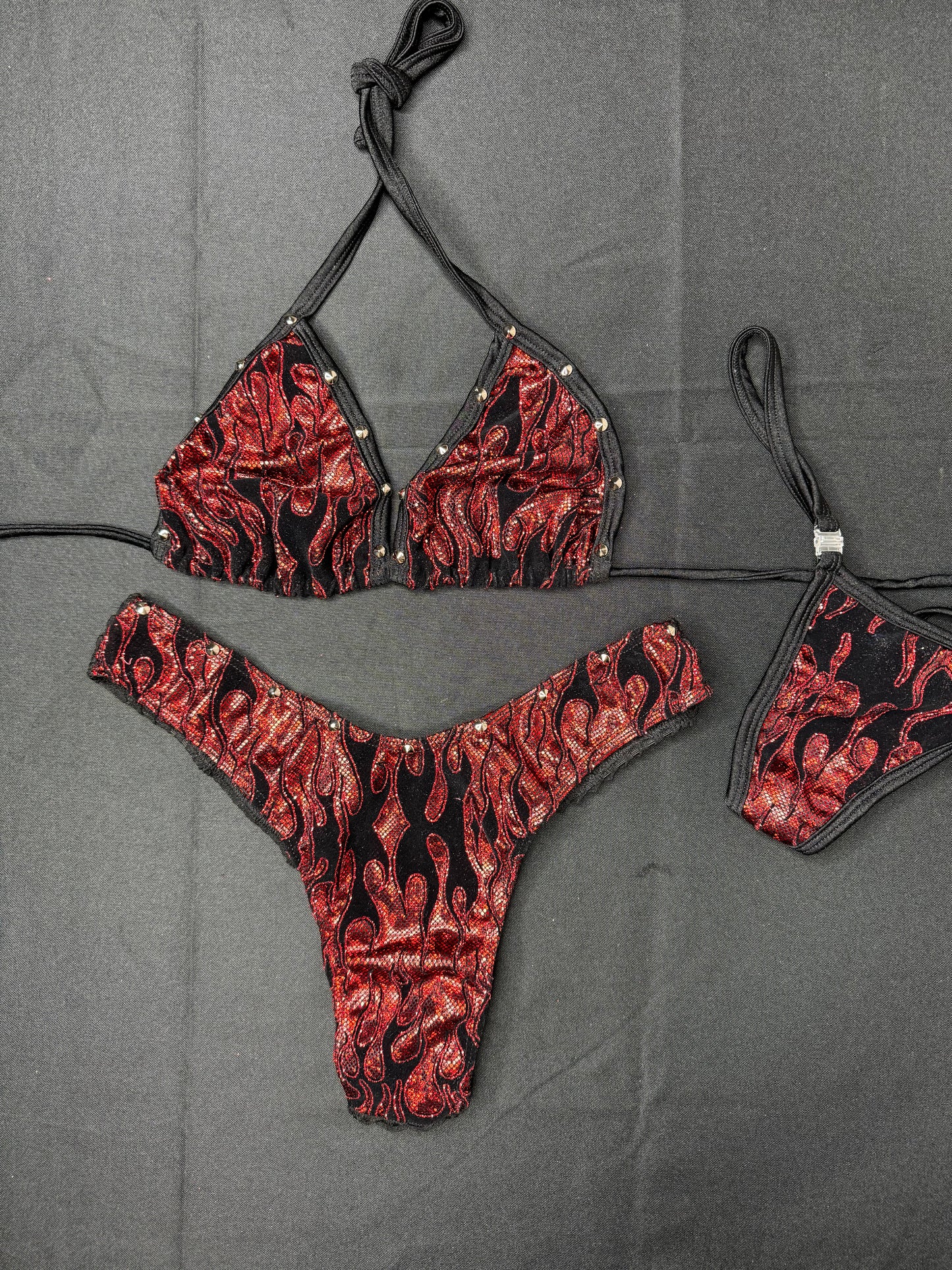 Red Glitter Flame Cheeky Thong Two-Piece Bikini Exotic Dancer Outfit