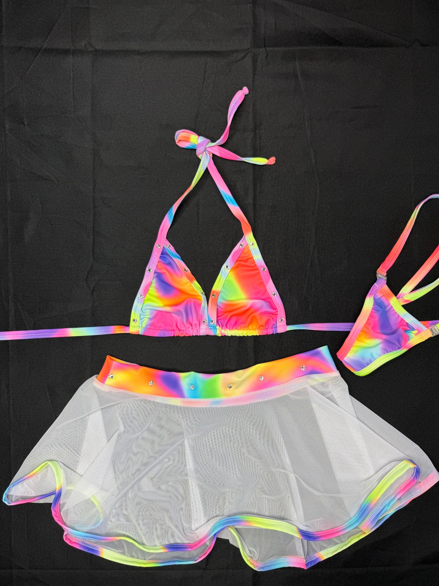 Rainbow Spandex/Mesh Two-Piece Skirt Lingerie Outfit