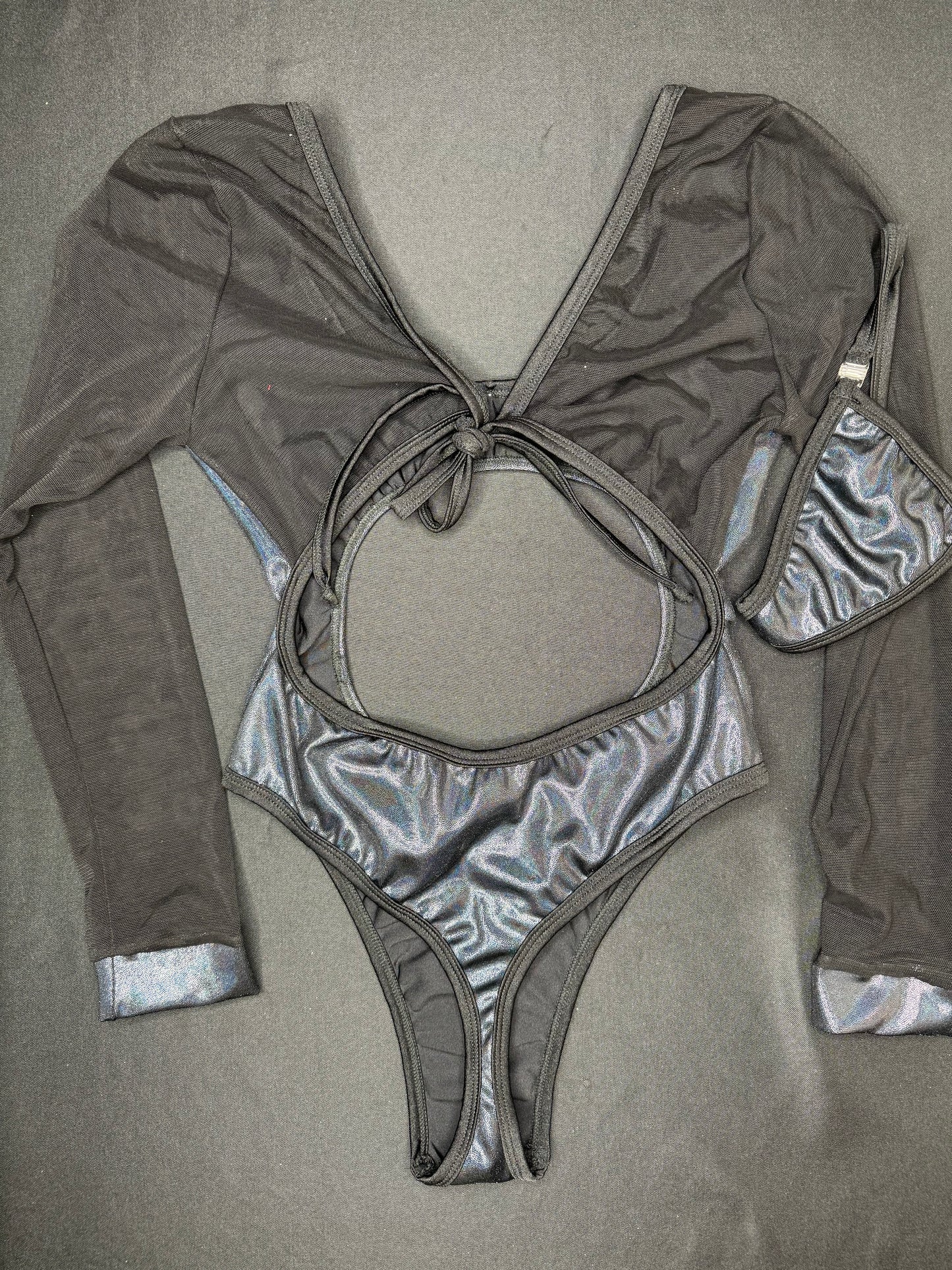 Metallic Black/Black Mesh One-Piece Leotard Exotic Dancer Outfit