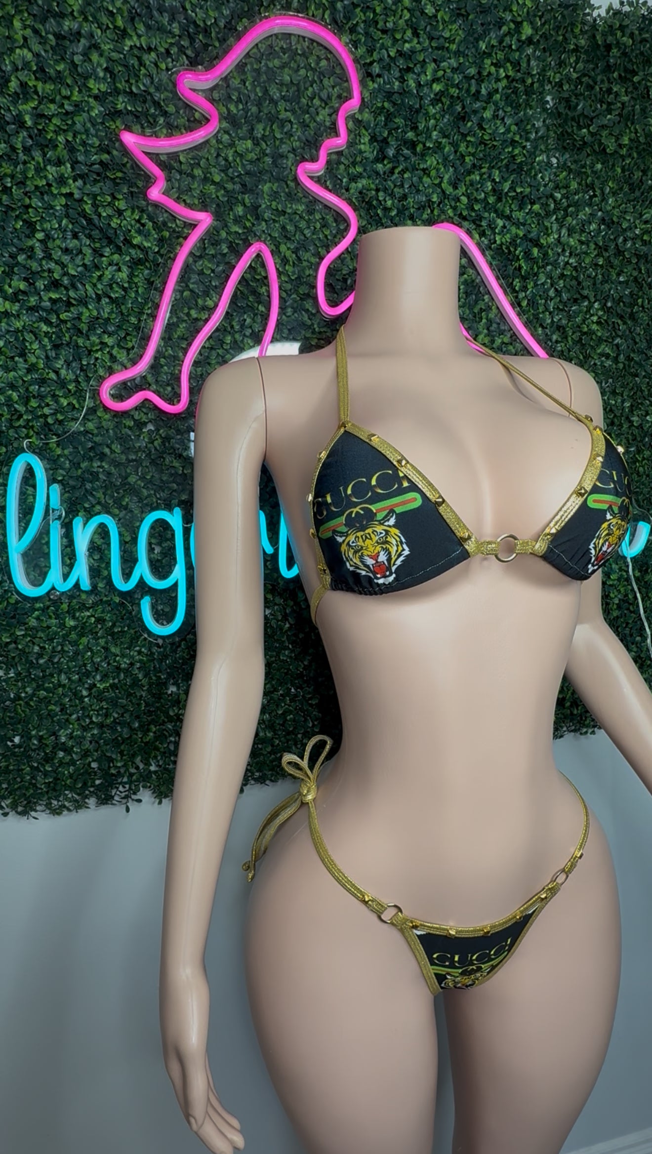 Gold/Designer Tiger Spandex Two-Piece Lingerie Outfit