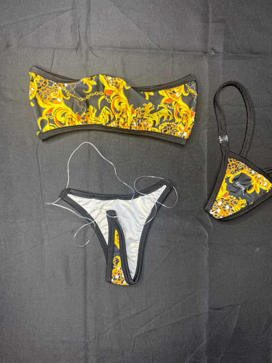 Designer Gold/Black Tube-Top/Silicone String Bottoms Two-Piece Lingerie Outfit