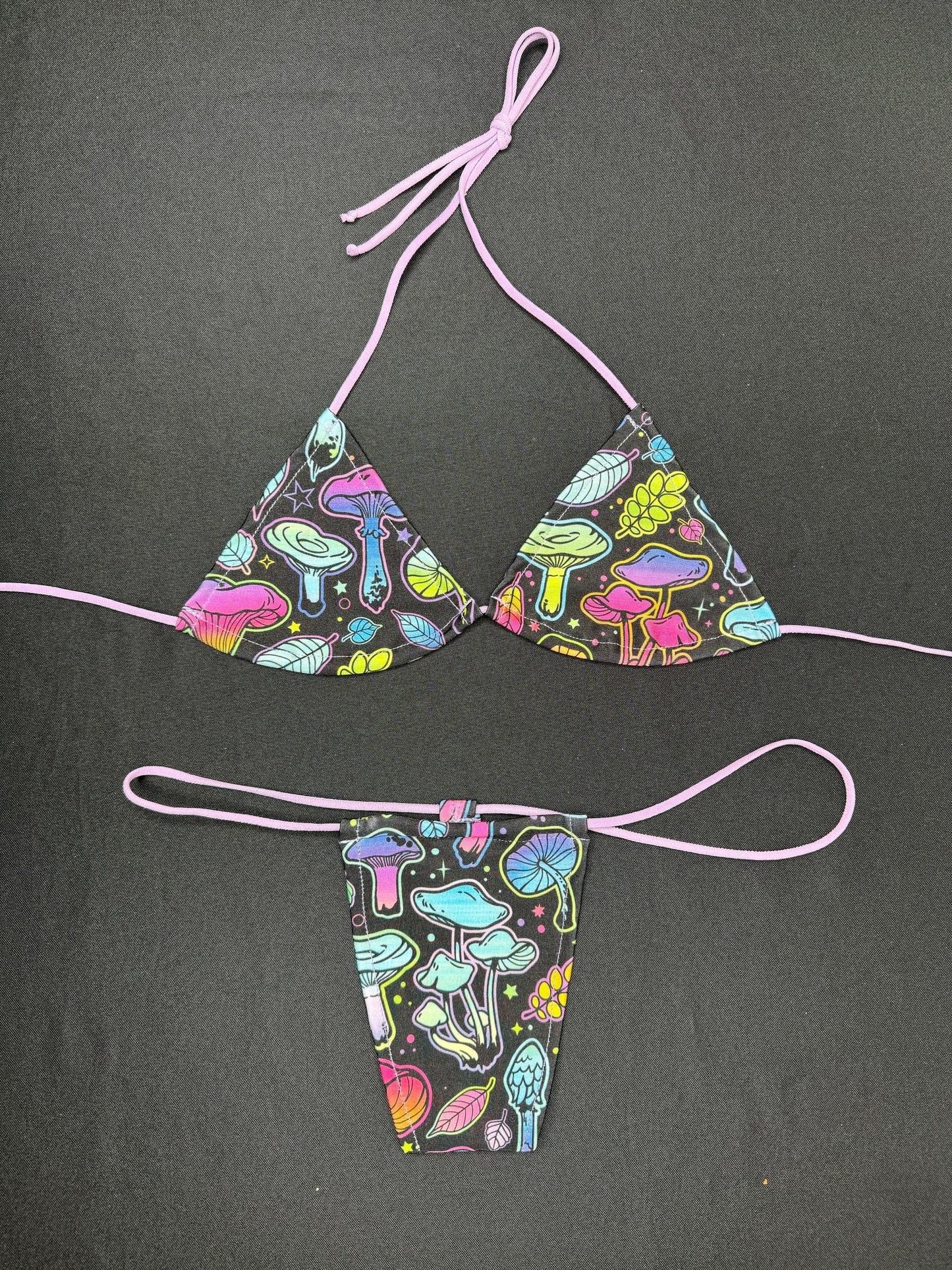 Mushroom Print/Lavender Micro Bikini Lingerie Outfit