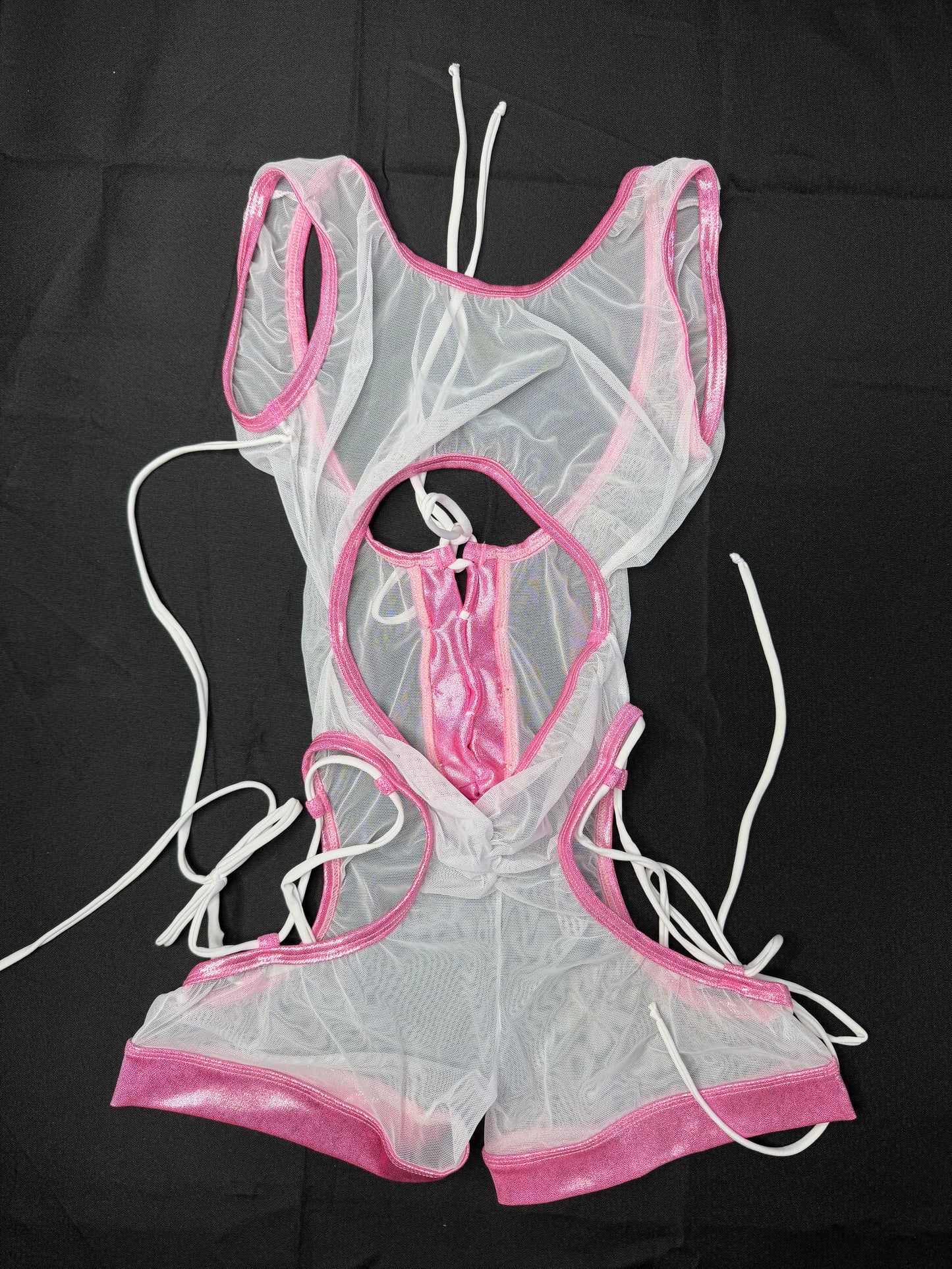 Metallic Baby Pink Spandex/White Mesh Romper Lingerie Outfit
