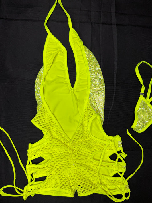 Neon Metallic Yellow Spandex Romper Lingerie Outfit