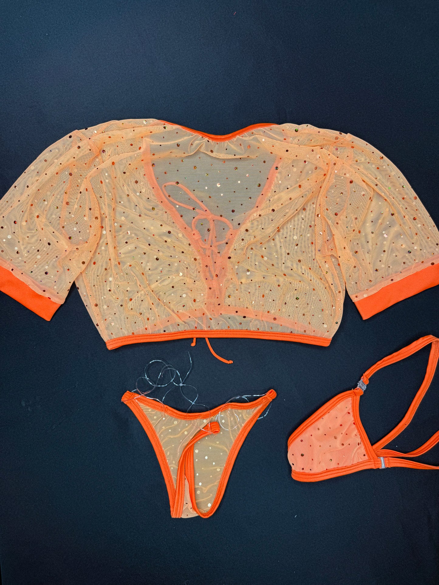 Orange Sparkle Mesh Short Sleeve Top/Silicone String Bottoms Two-Piece Lingerie Outfit