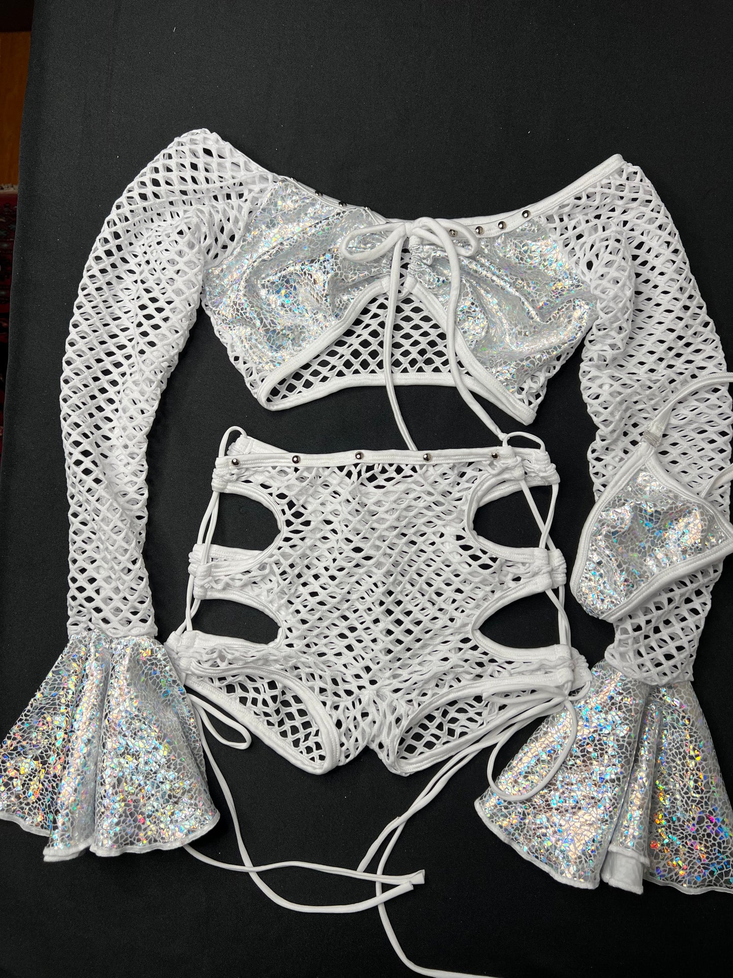 Silver/White Fishnet Fringe/Shorts Two-Piece Lingerie Outfit