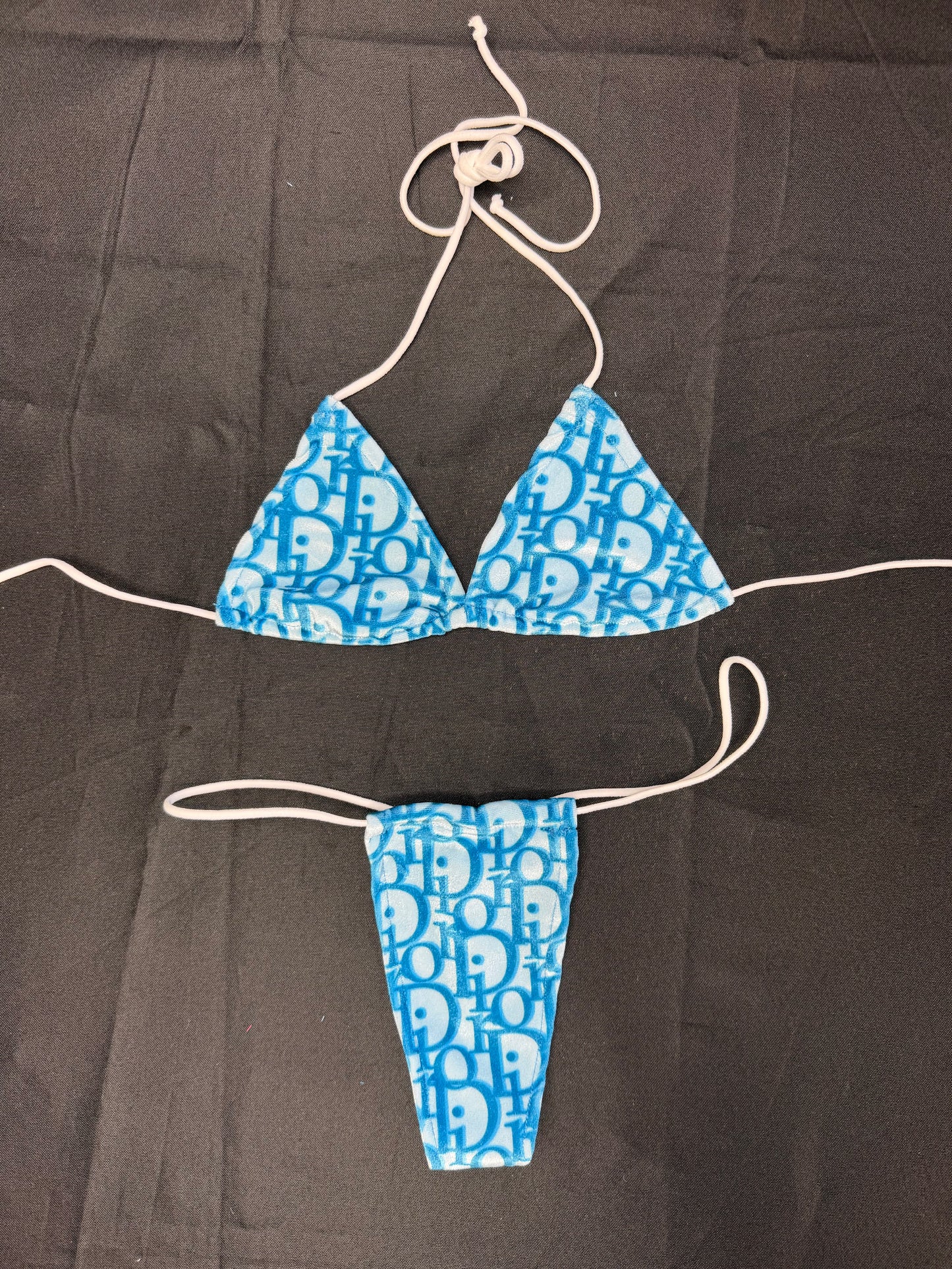 Designer Baby Blue VELVET Micro Bikini Lingerie Outfit