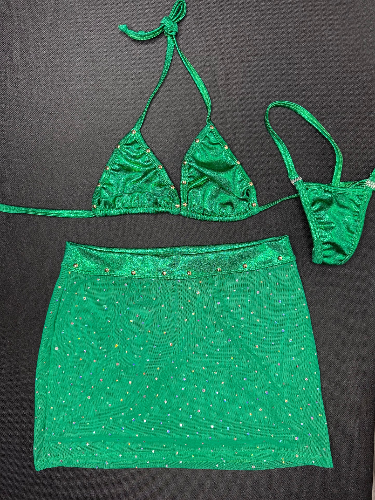Metallic Kelly Green Mesh Skirt/Spandex Bikini Top Two-Piece Lingerie Outfit