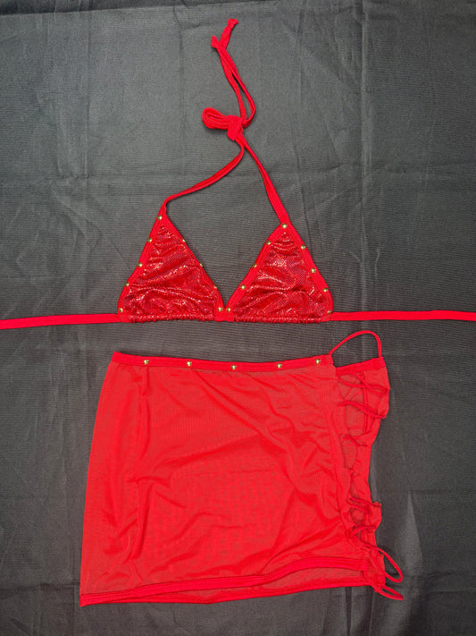Metallic Red Spandex/Red Mesh Three-Piece Lingerie Outfit