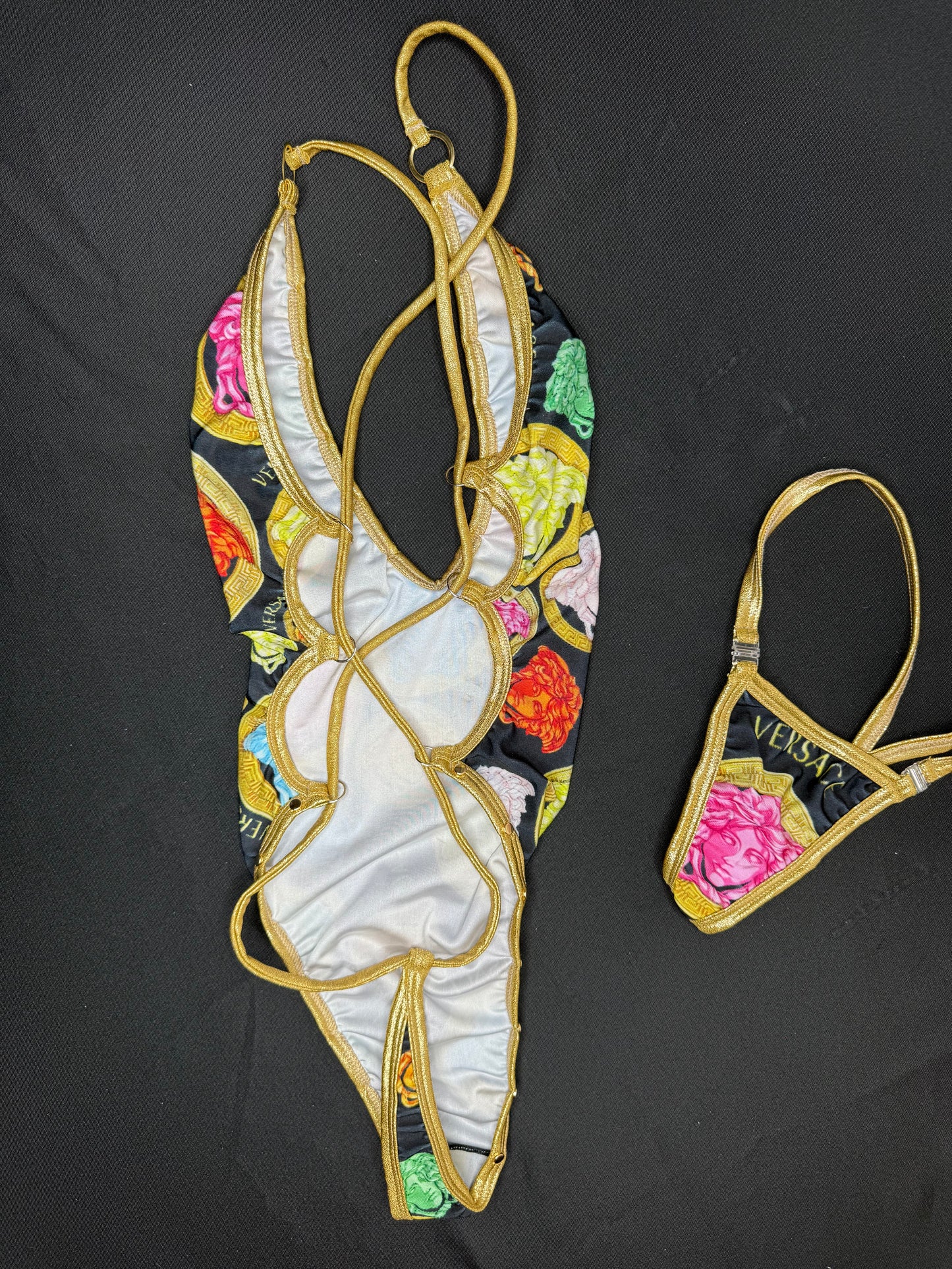 Designer/Gold Spandex One-Piece Bikini Lingerie Outfit