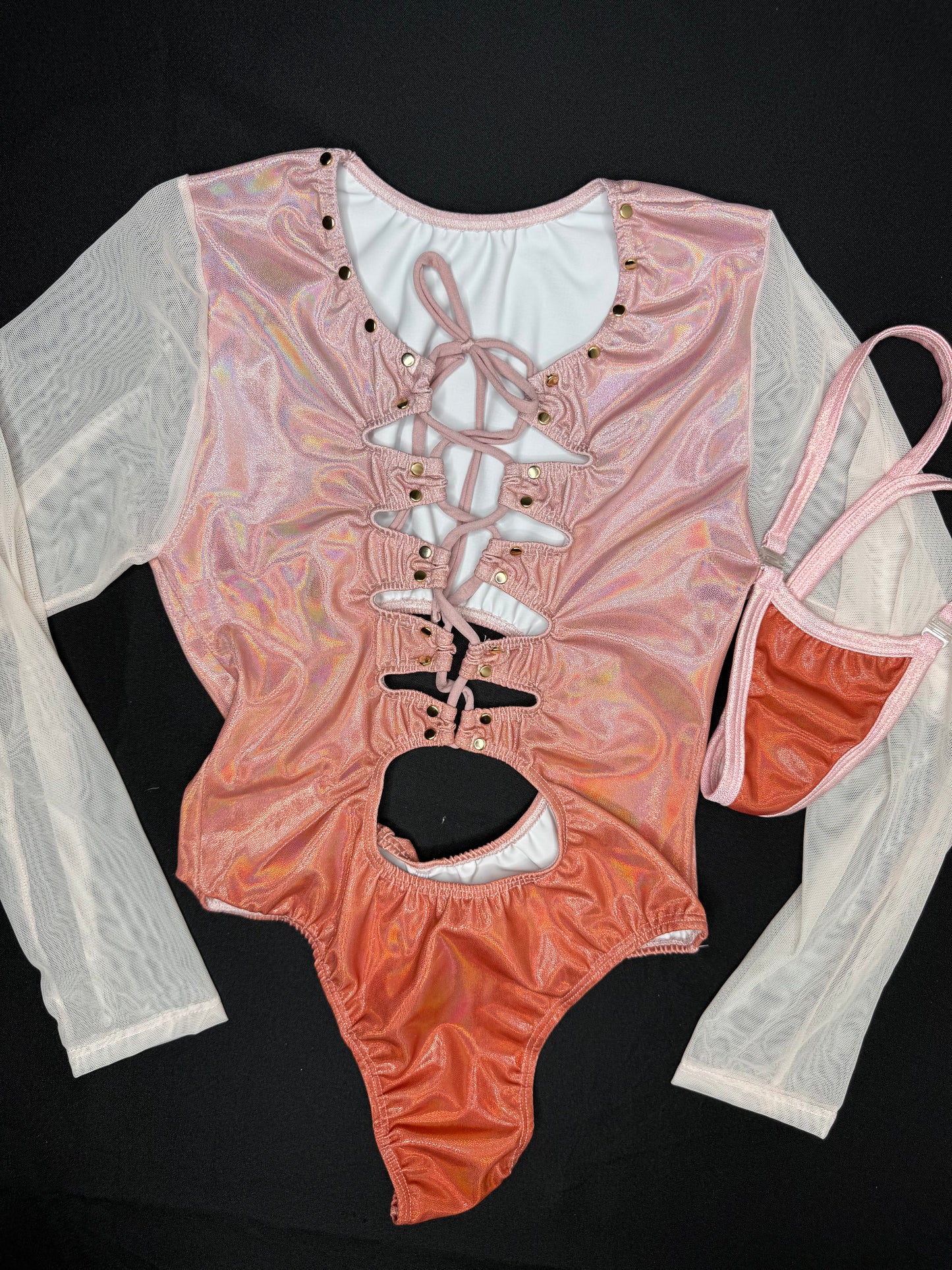 Metallic Ombré Leotard Long Sleeve One-Piece Lingerie Outfit
