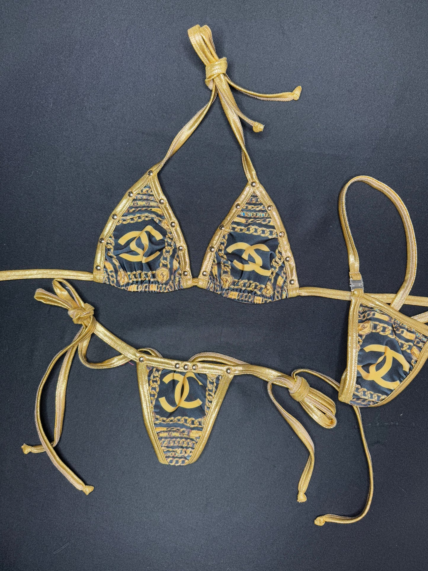 Designer Gold/Black Two-Piece Bikini Lingerie Outfit