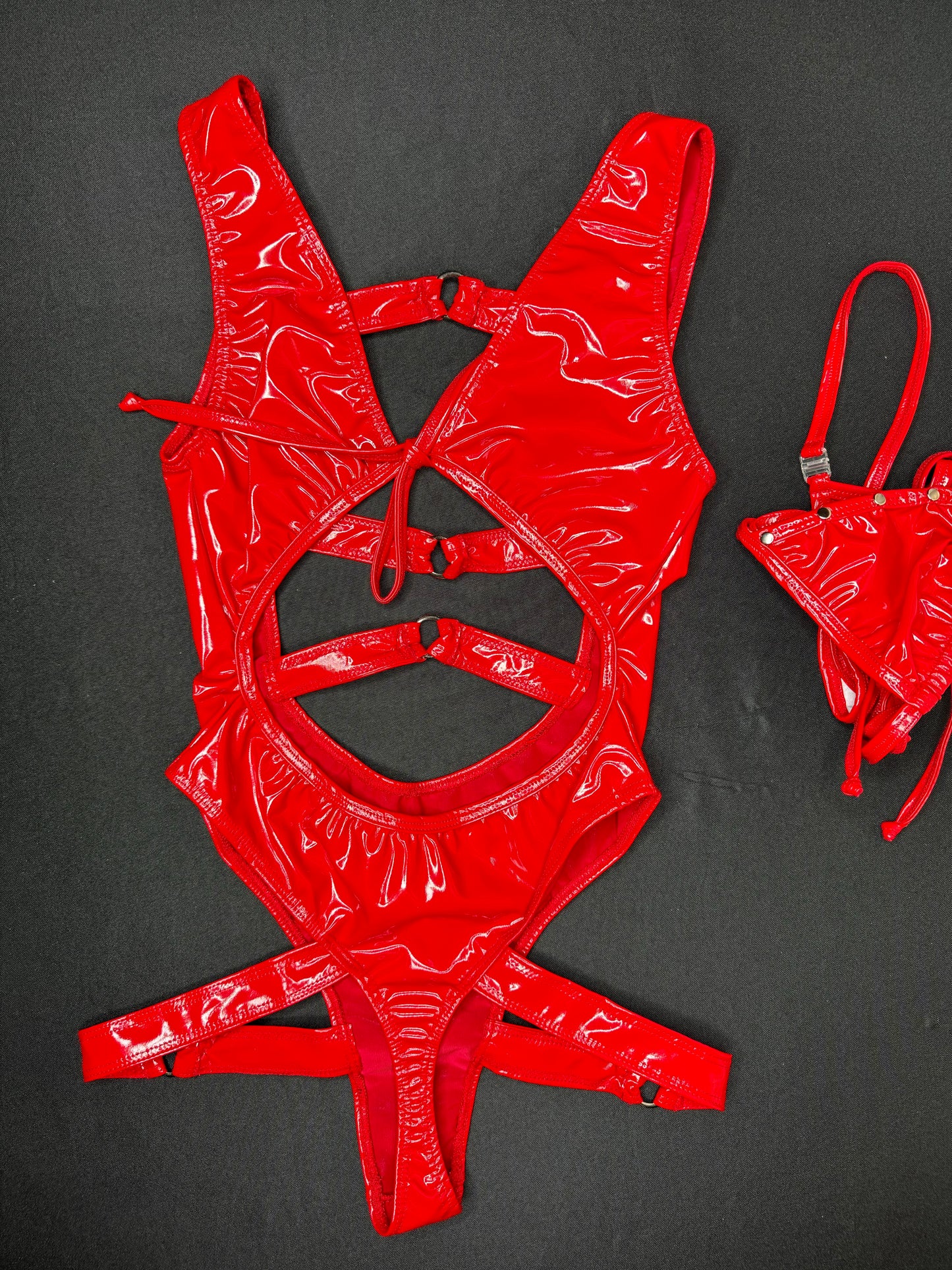 Red Latex One-Piece Leotard/Bikini Top Lingerie Outfit