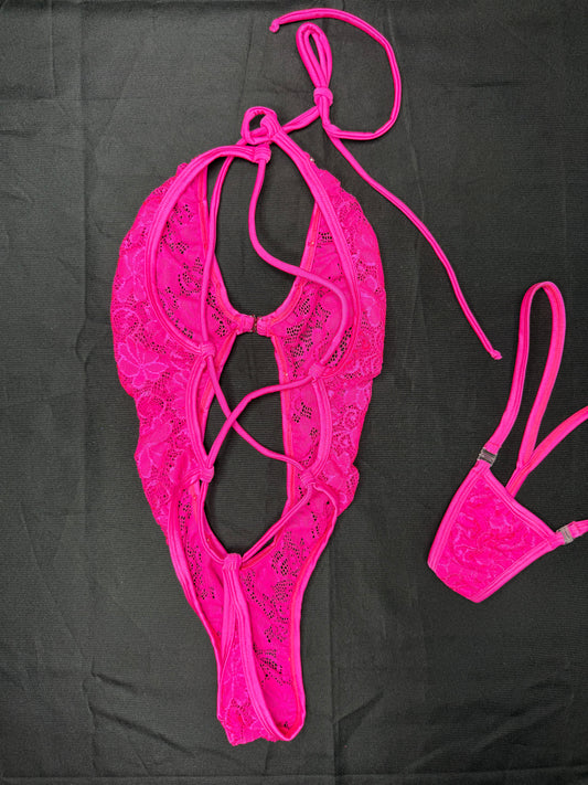 Hot Pink Lace One-Piece Lingerie Outfit